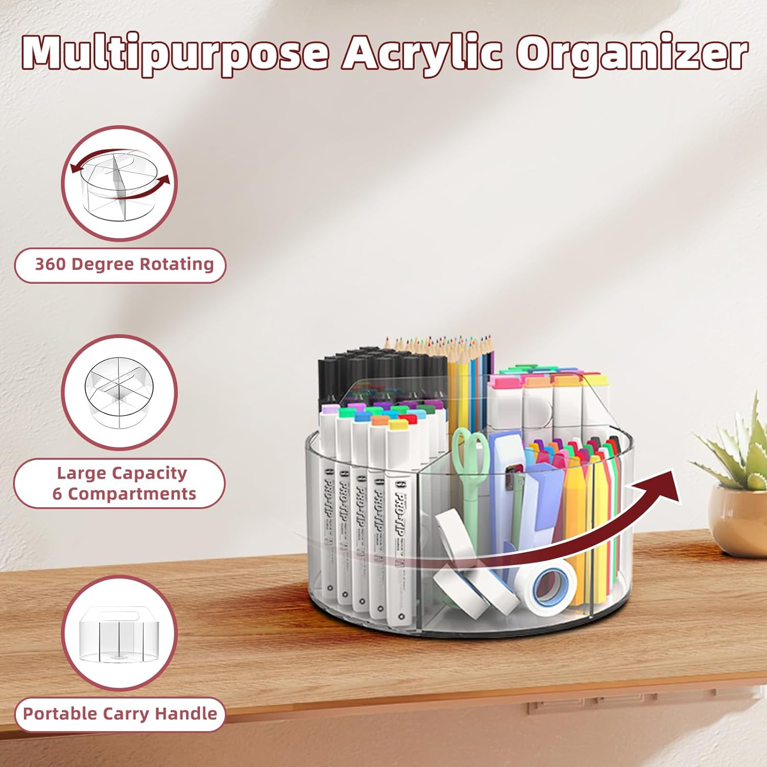 250Pcs Acrylic Pencil Holder Marker Organizer, 360-Degree Rotating Pen Holder, C
