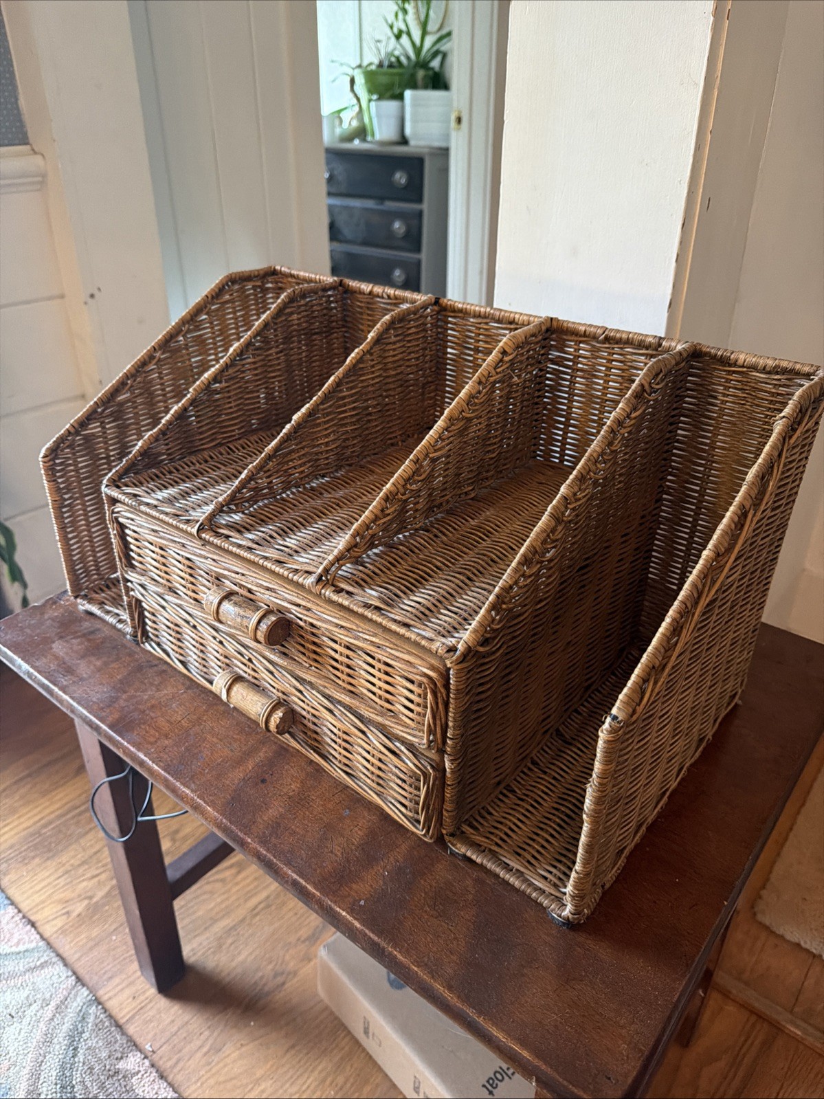 Vintage Wicker Rattan Tabletop Desk Mail Letter Stationery Organizer Drawers