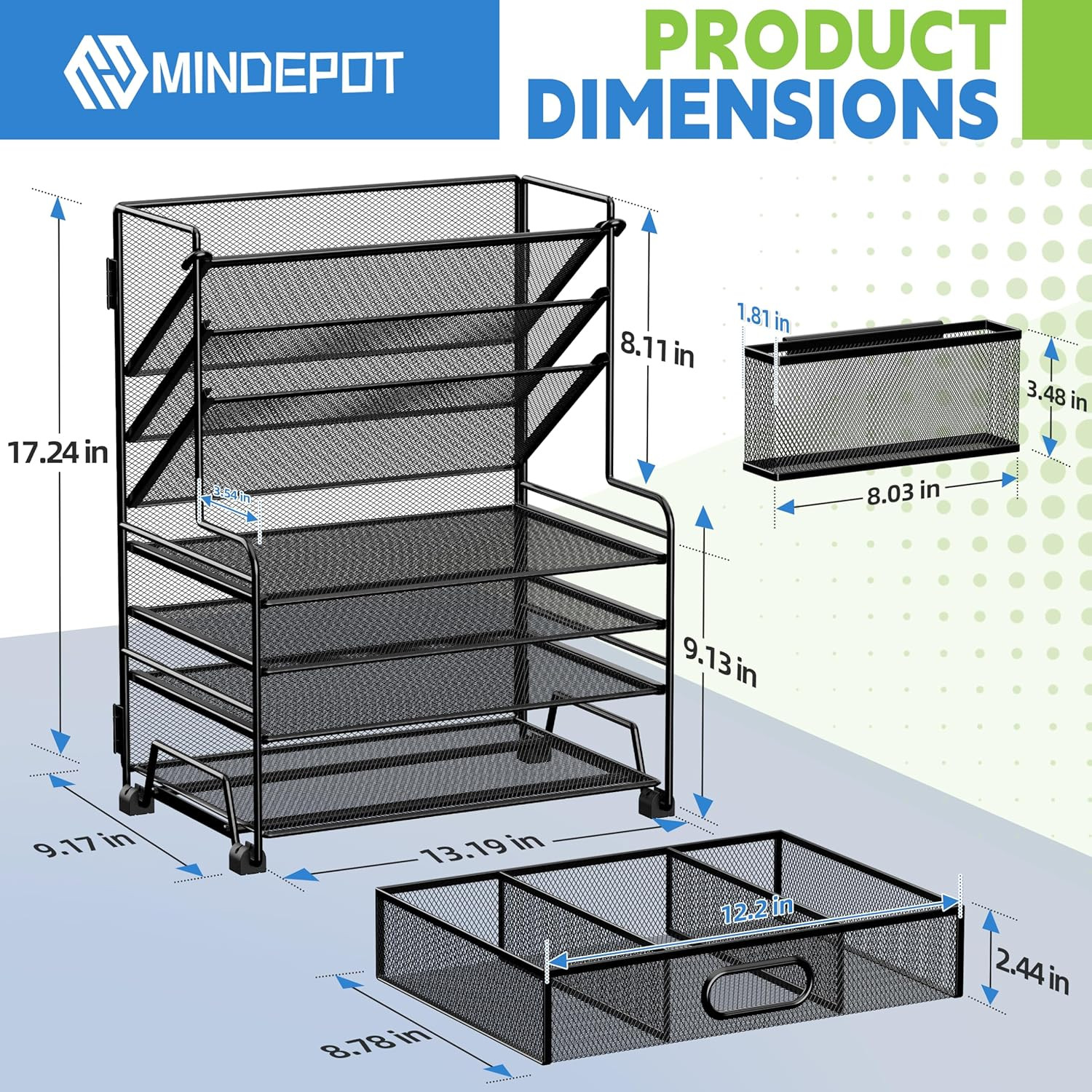 MINDEPOT 4-Tier Paper Organizer + 3-Pocket File Holder + Drawer + Pen Holders, D