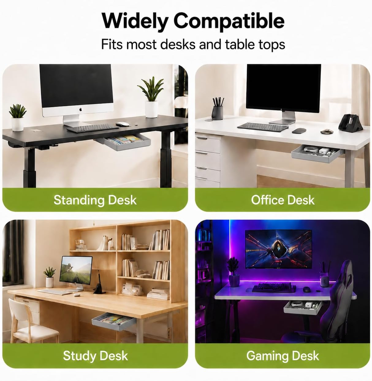 YOOUSOO Under Desk Drawer Organizer, 2 Pack Self Adhesive Slide Out Desk Storage