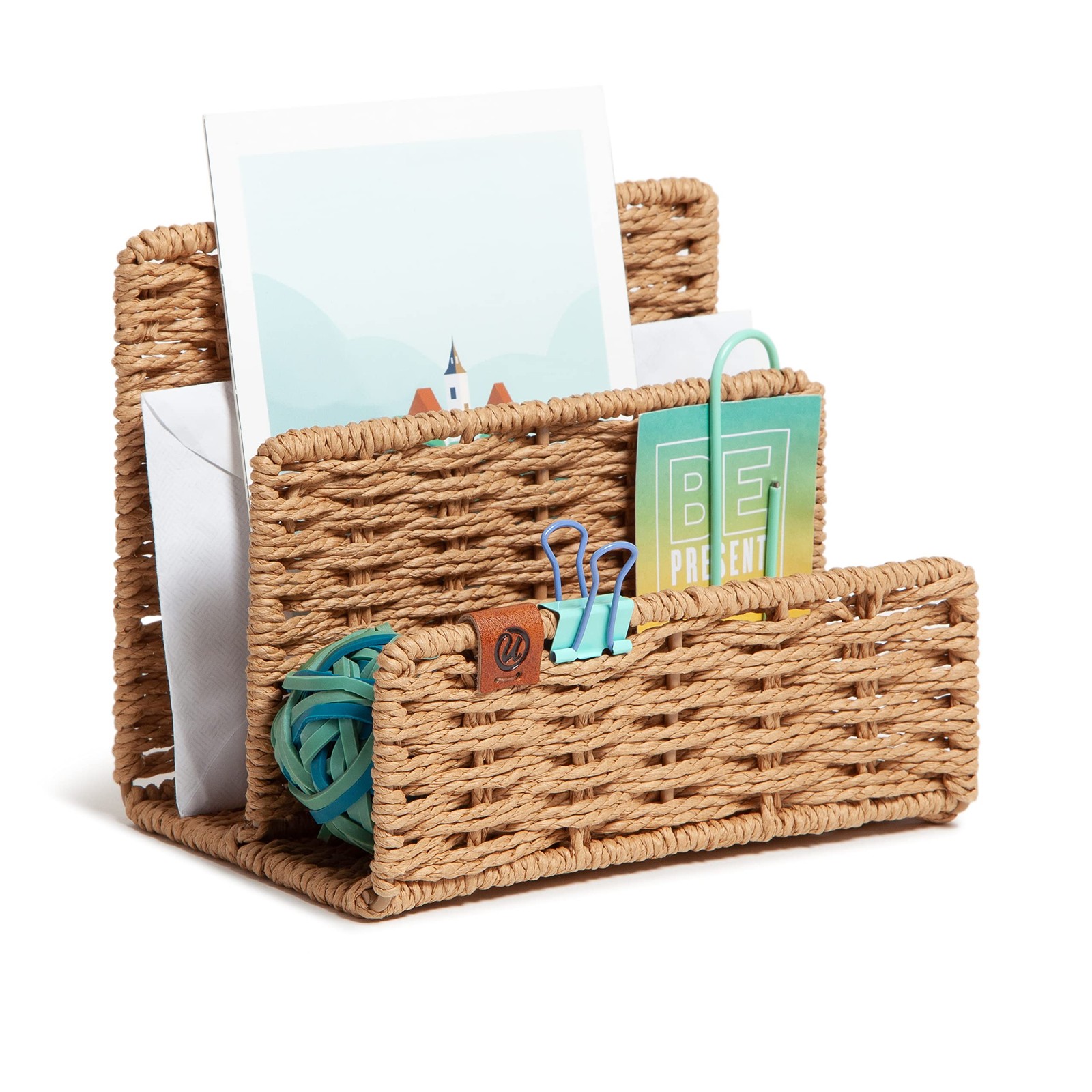 Beige Woven Letter Sorter Desk Organizer Natural Elegant Office Accessory