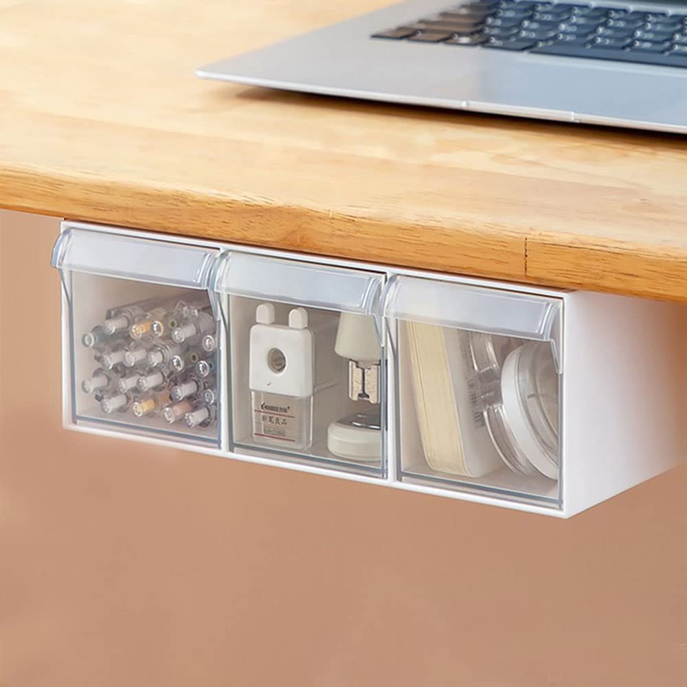 Large White 3Drawer Under Desk Attachable Hidden Slide Out Storage Organizer