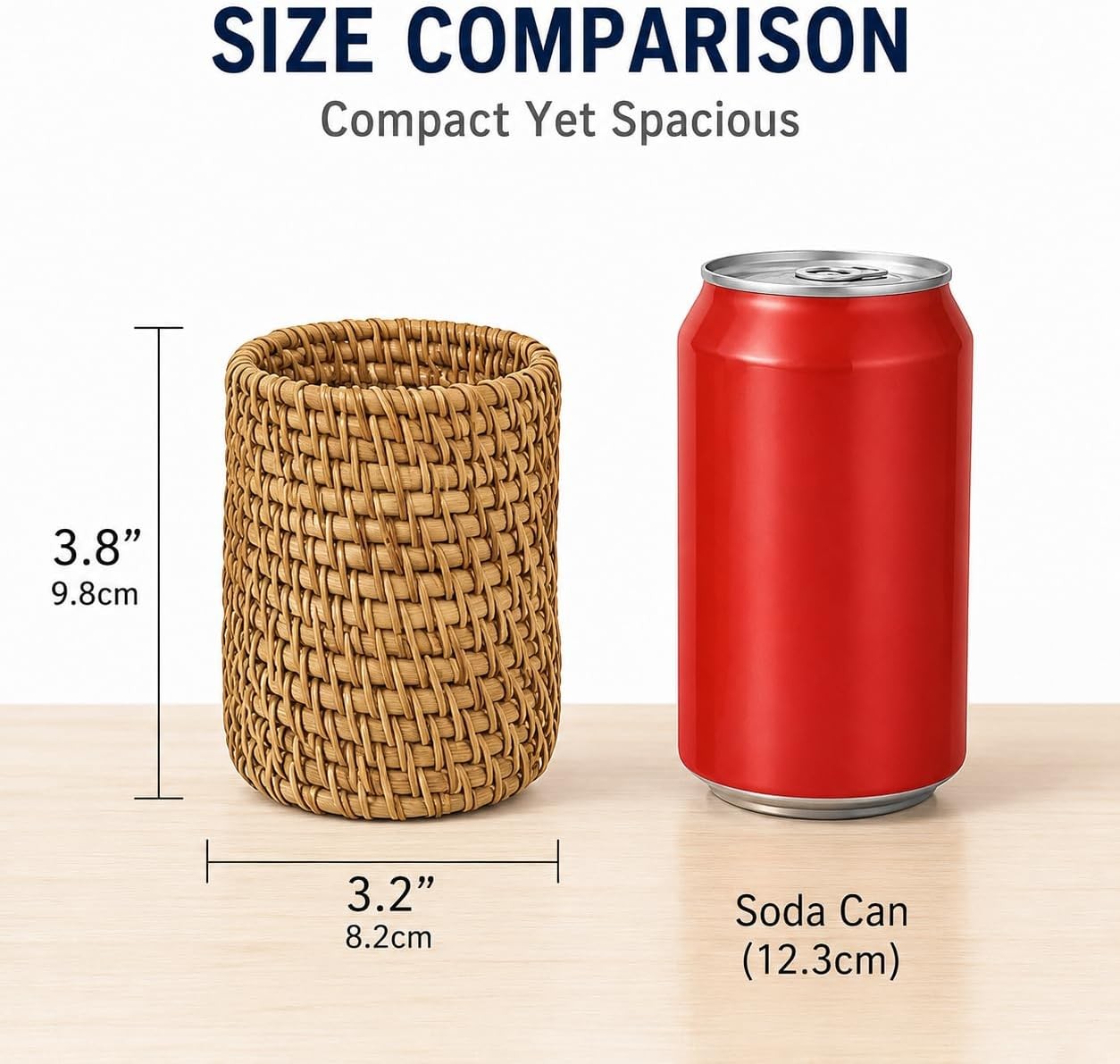 Wicker Rattan Pencil Holder Cylindrical Desk Organizer Cup Natural Brown Office