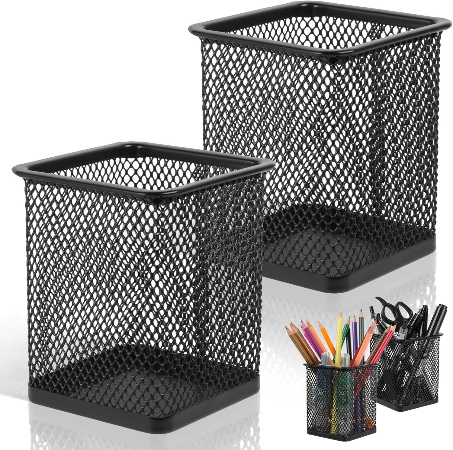 2 Pack Square Metal Pen Holder for Desk, 3.15 X 3.74 in Pen Cups, Pencil Holder