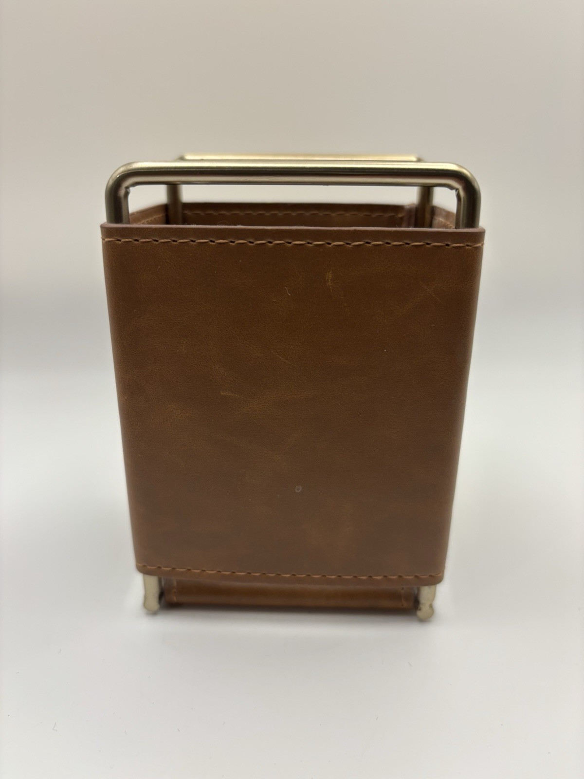 West Elm Leather & Brass Pencil Cup Desk Organizer – Mid-Century Modern – NWT