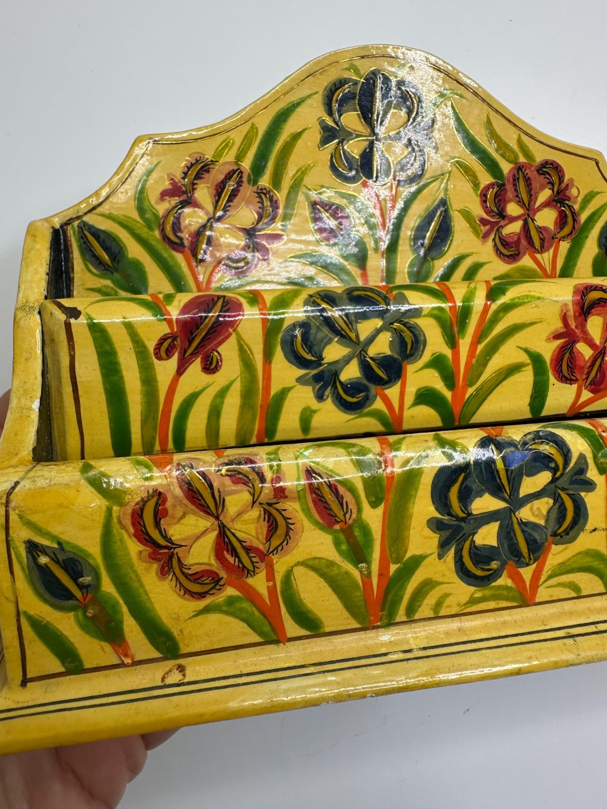 Desktop Letter Holder Yellow Painted Floral Organizer Paper Mache