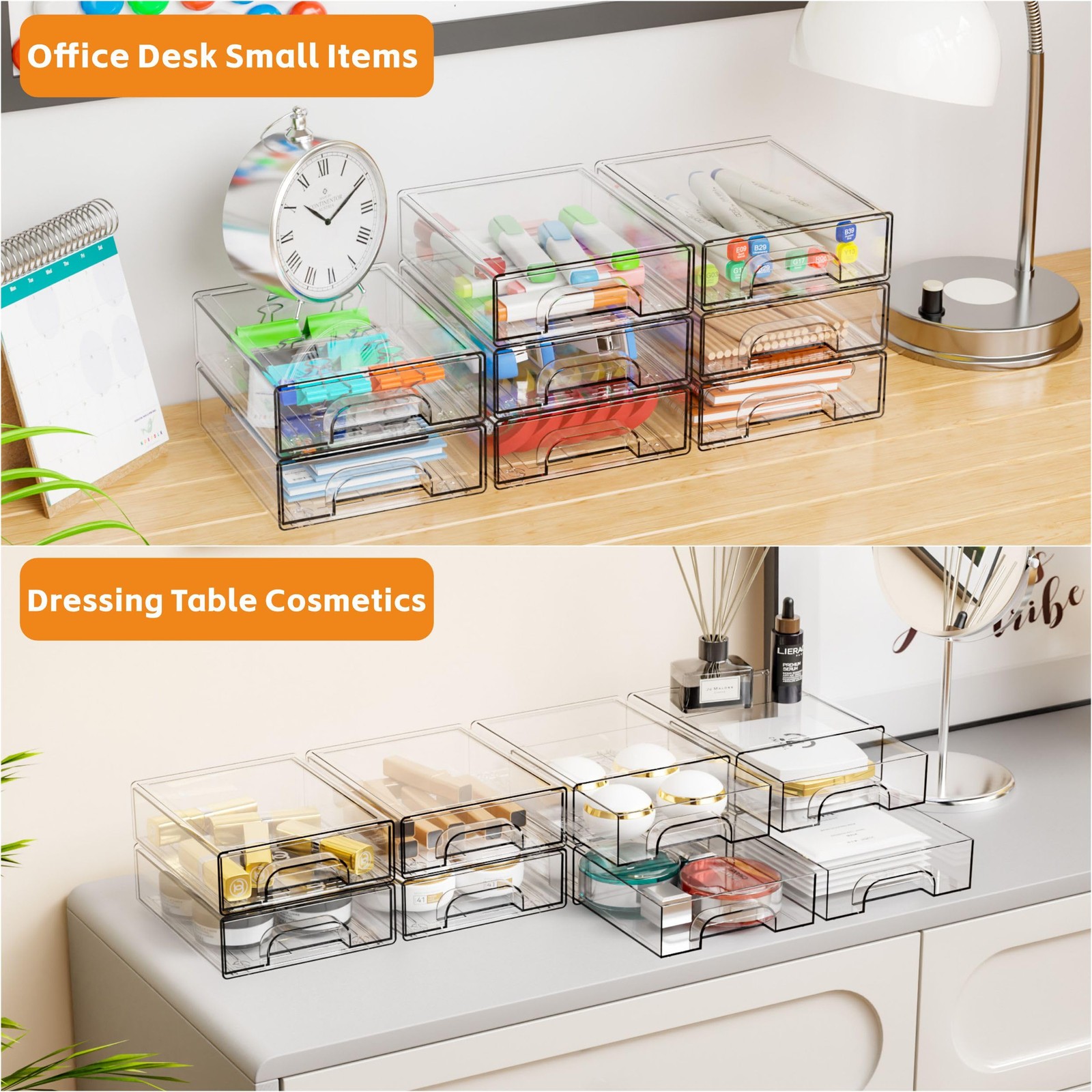 2.2” Tall Acrylic Clear Stackable Storage Drawer Organizer,8 Pack Desk Organ…