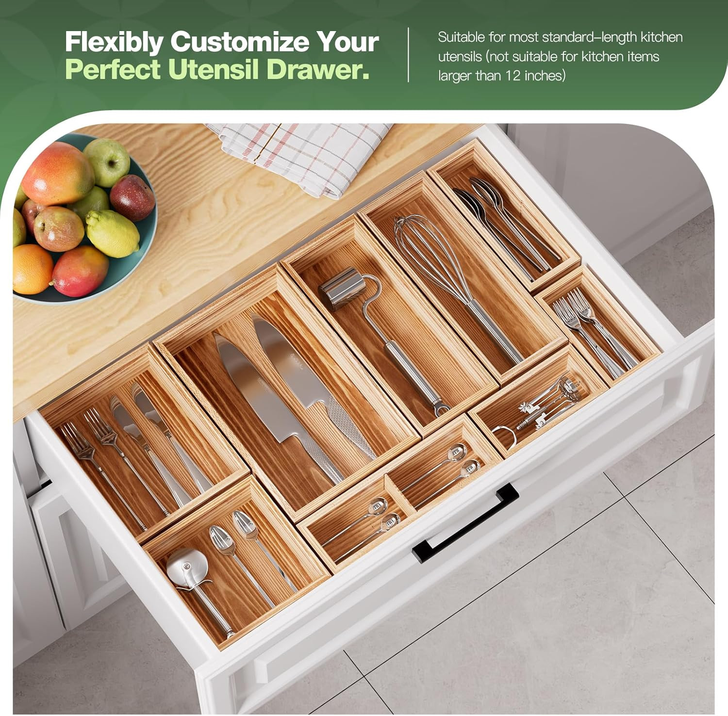 9-Pack Solid Wood Junk Drawer Organizer, Modular Desk Drawer Tray & Accessories