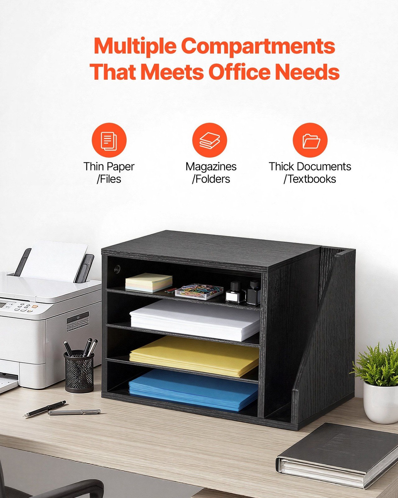 4-Compartment Wooden Mailbox: Desktop Document Organizer with Side File Holder