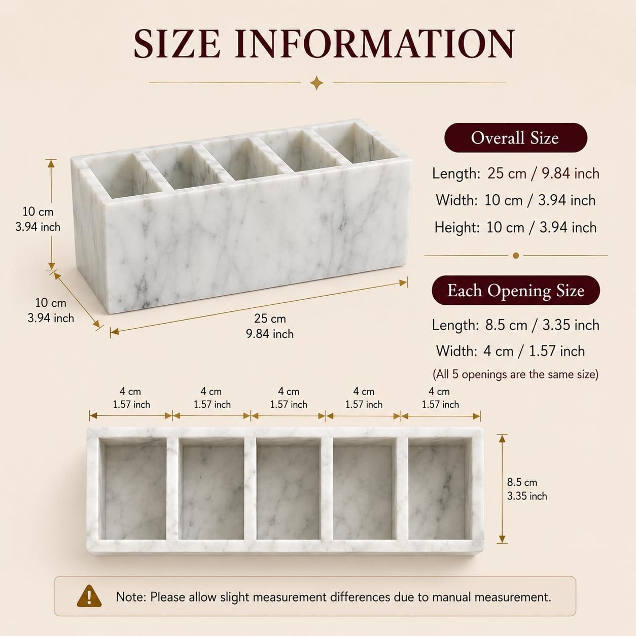 Natural White Marble 5-Compartment Desk Organizer for Pens & Brushes