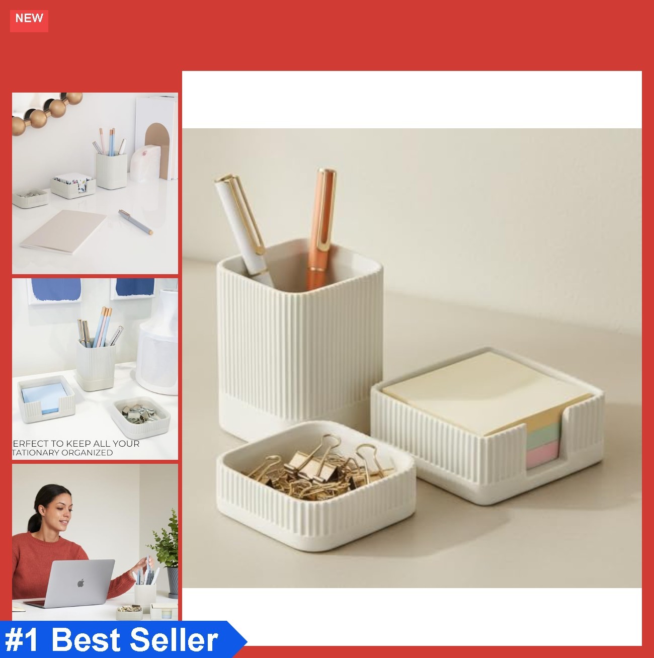 Desk Organizer Set of 3 Concrete Pen Holder Paperclip Sticky Notes Office Gray