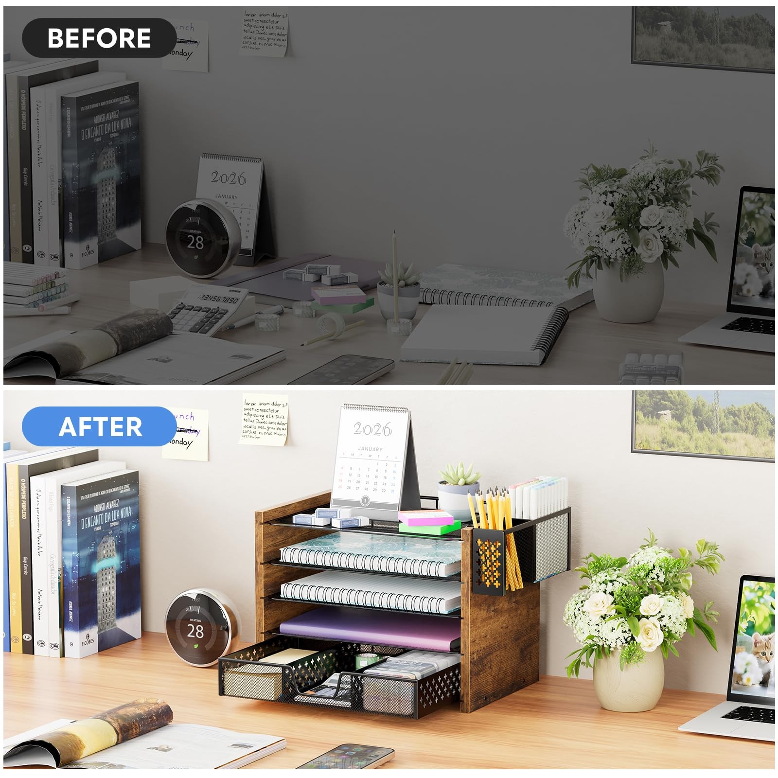 5-Tier Wood Desk Organizer, Desk Organizers and Accessories with Drawer & Pen…