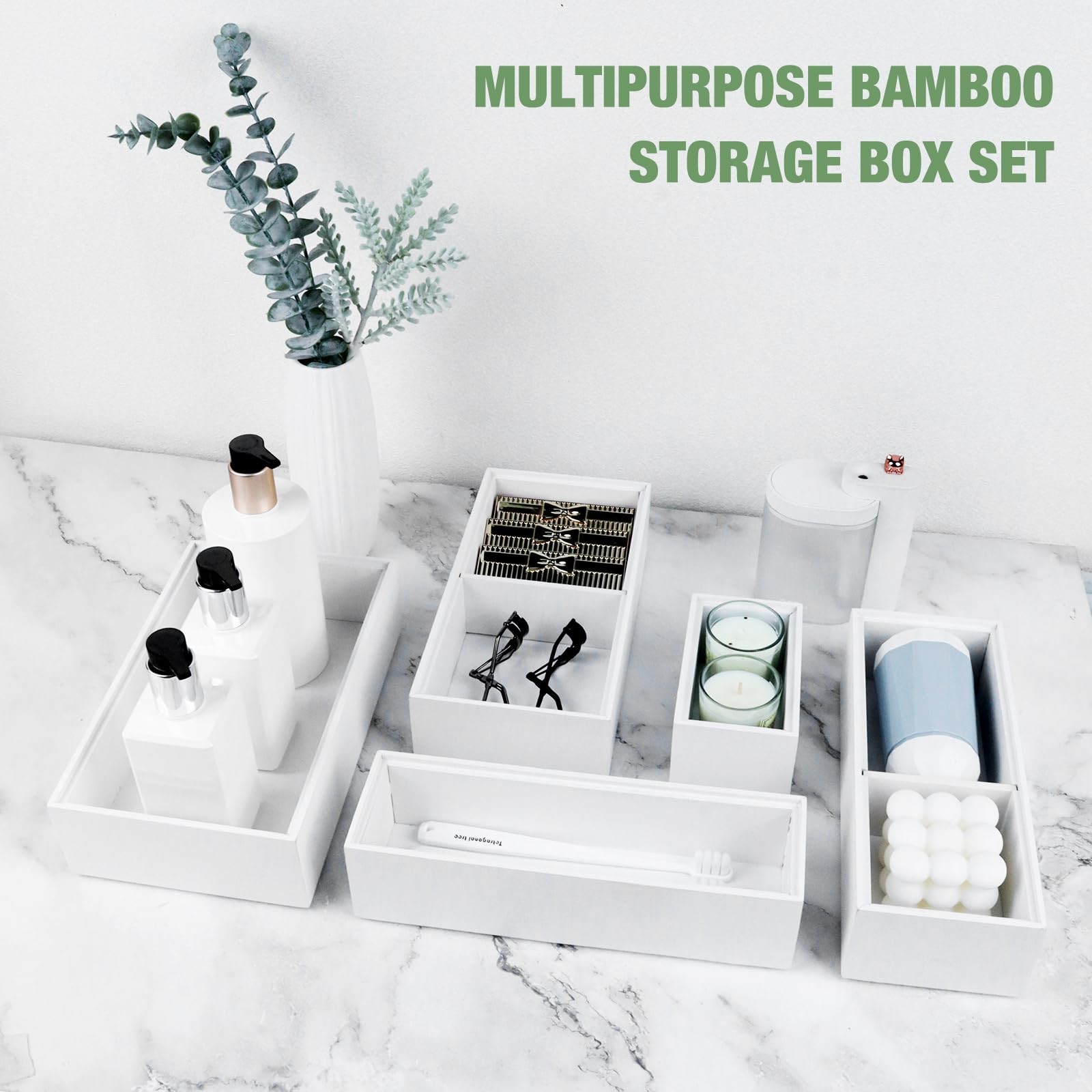 Bxngjuj Bamboo Drawer Organizer,5 PCS White Bathroom Tray&Desk 5PCS,