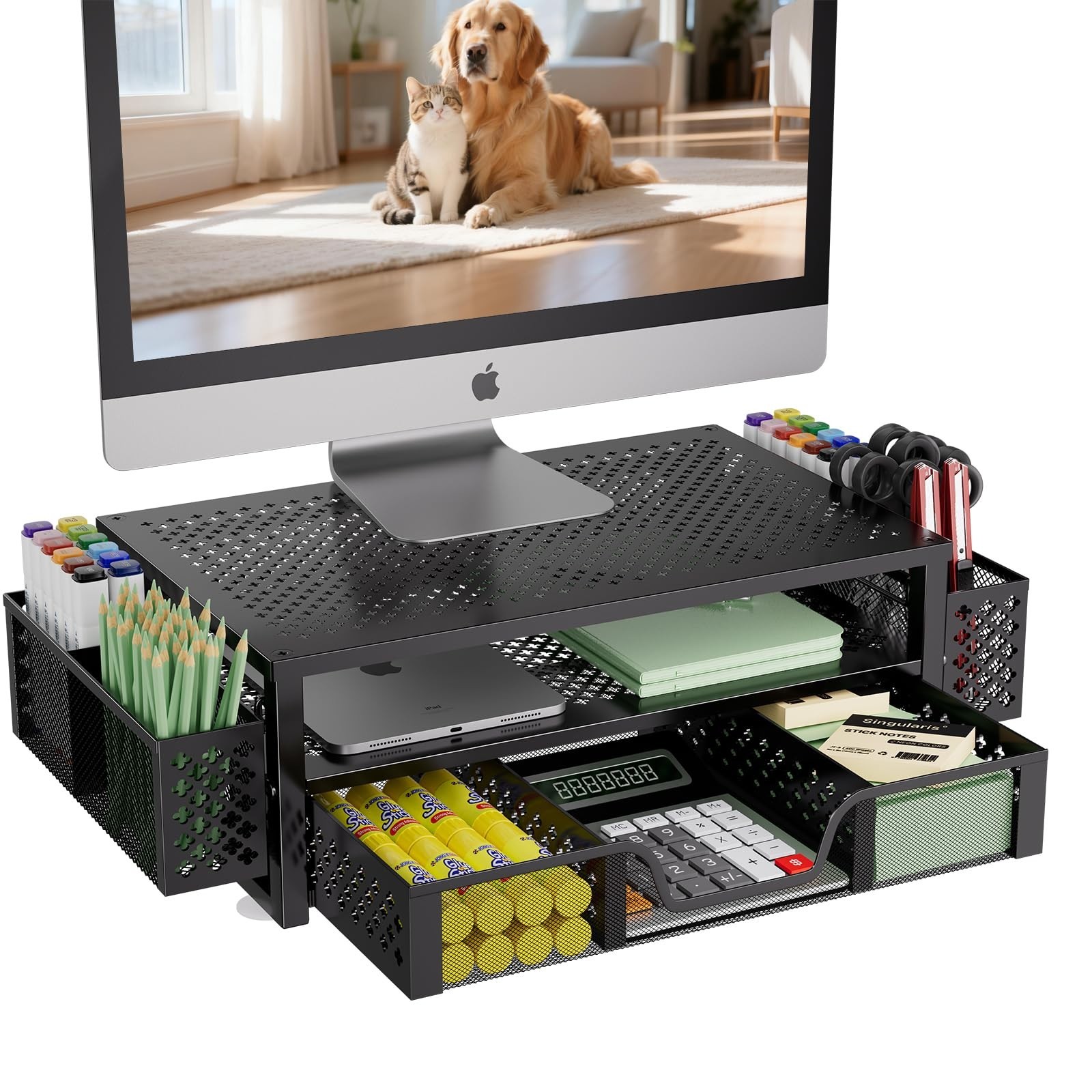 2-Tier Metal Monitor Stand Riser with Drawer & Pen Holder – Desk Organizer for L