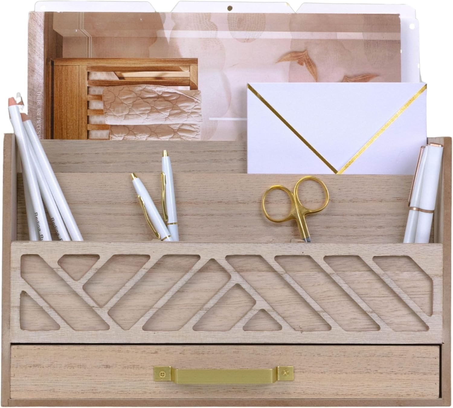 | Wooden Mail Organizer with Drawer and Gold Handle | Outgoing Mail Holder and L