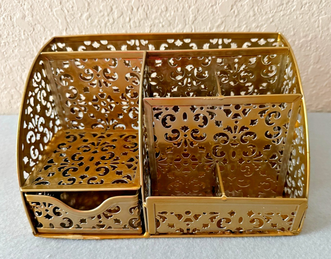 Gold Metal GLITZ Filigree Desk Accessory 3 Piece Set Letter Caddy Pen Holder