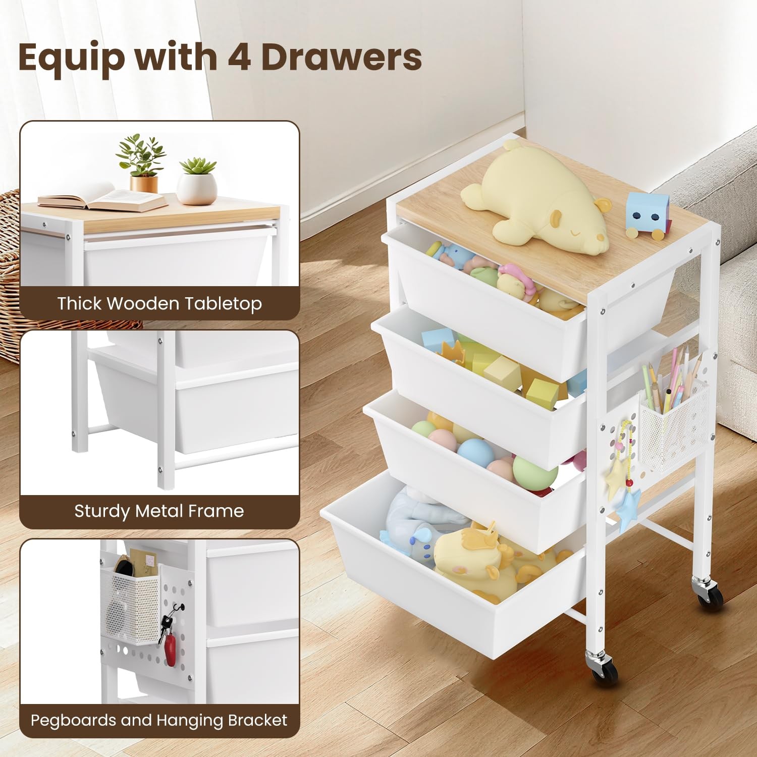 Rolling Cart with 4 Drawers, Plastic Drawer Storage 4-drawer, Bright White