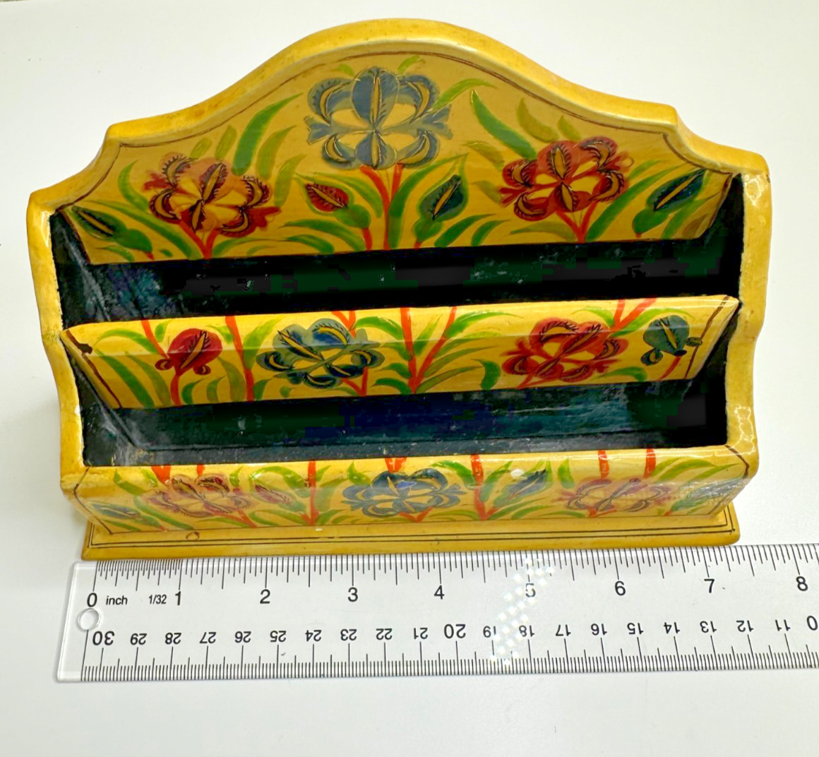 Desktop Letter Holder Yellow Painted Floral Organizer Paper Mache
