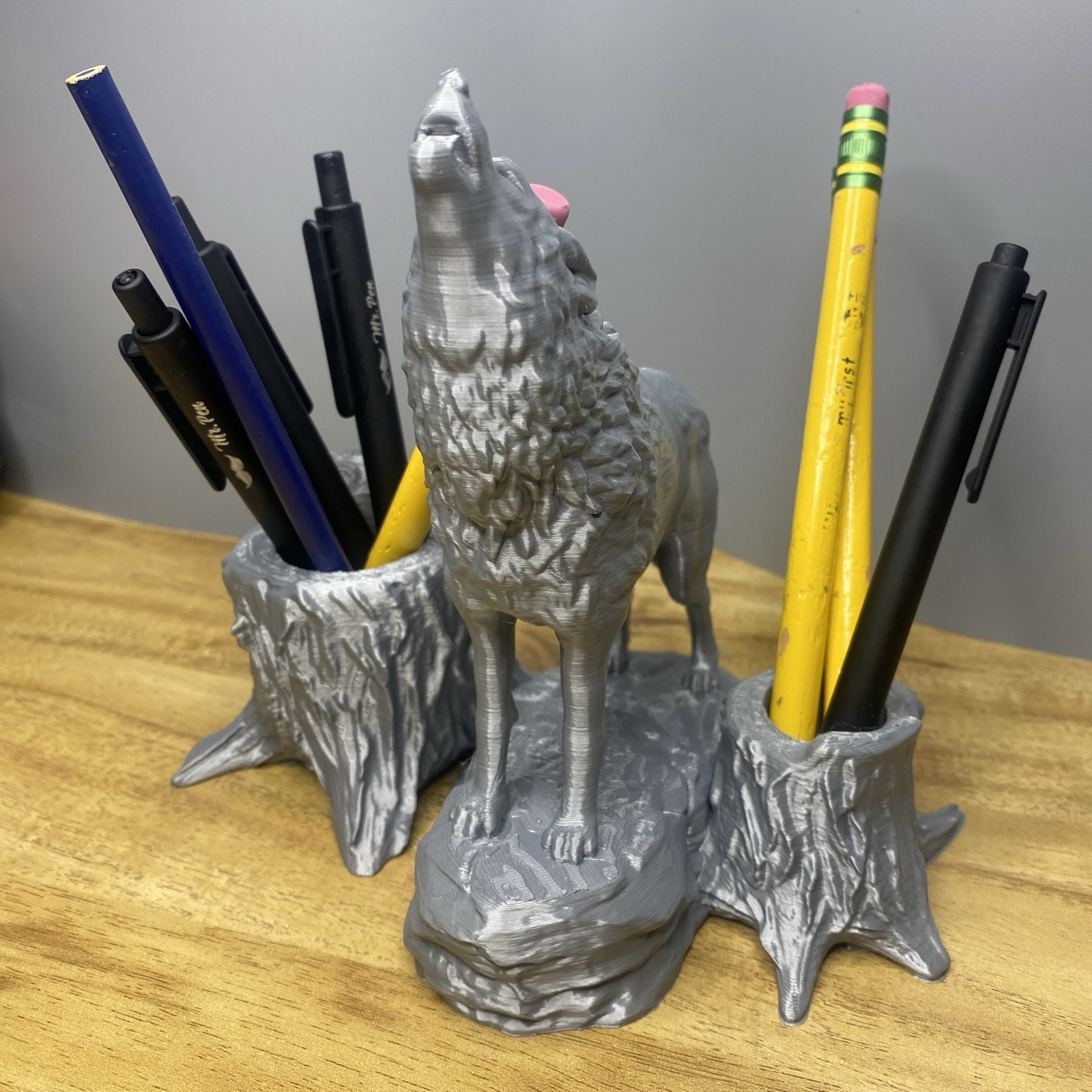 Gray Wolf Pen & Pencil Holder – Unique Desk Organizer