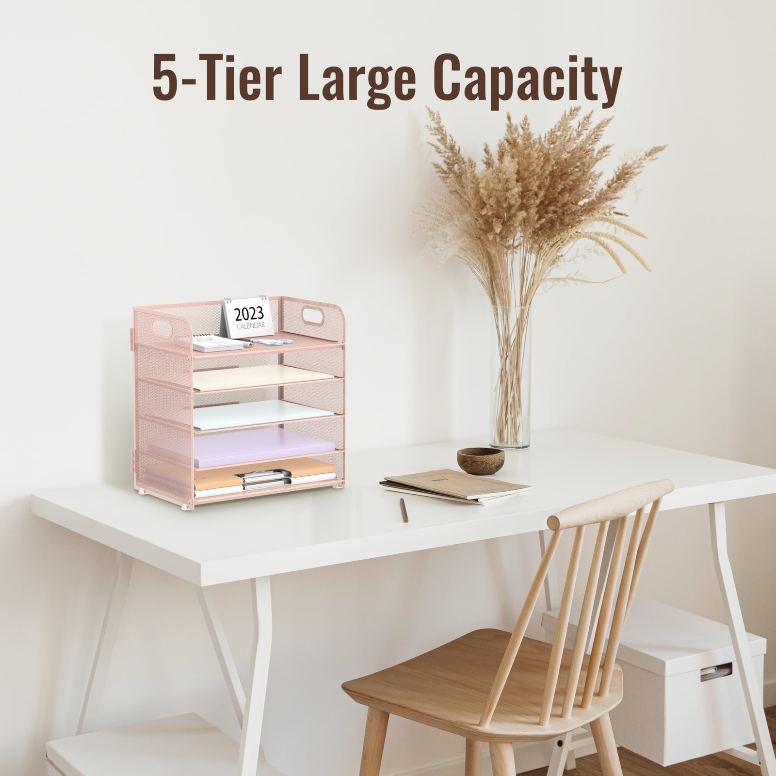 Supeasy 5 Trays Paper Organizer Letter Tray with 12.8″ x 9.3″ x 11.2″, Pink