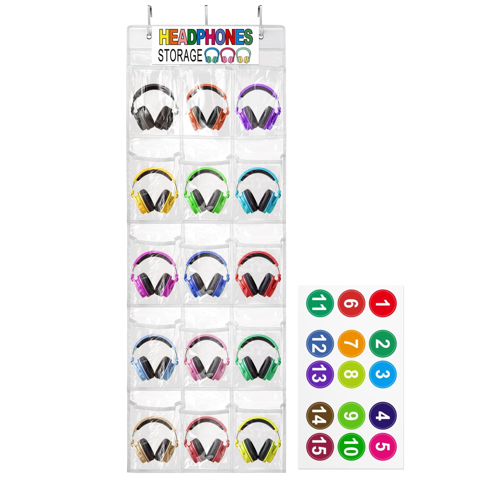 Headphone Storage Classroom Headphone Organizer 15 Pockets PVC Clear Organize…