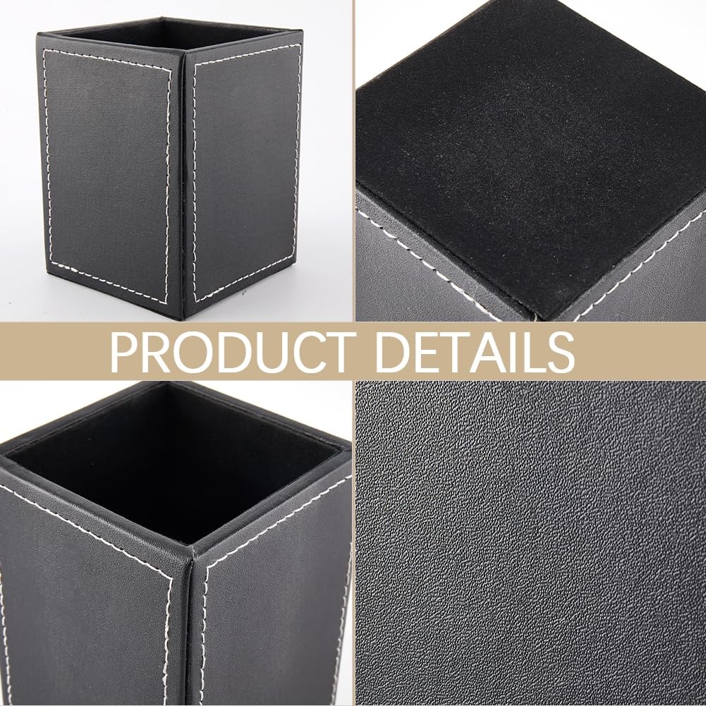 PU Leather Pen Holder Square Desk Organizer Office Storage Box