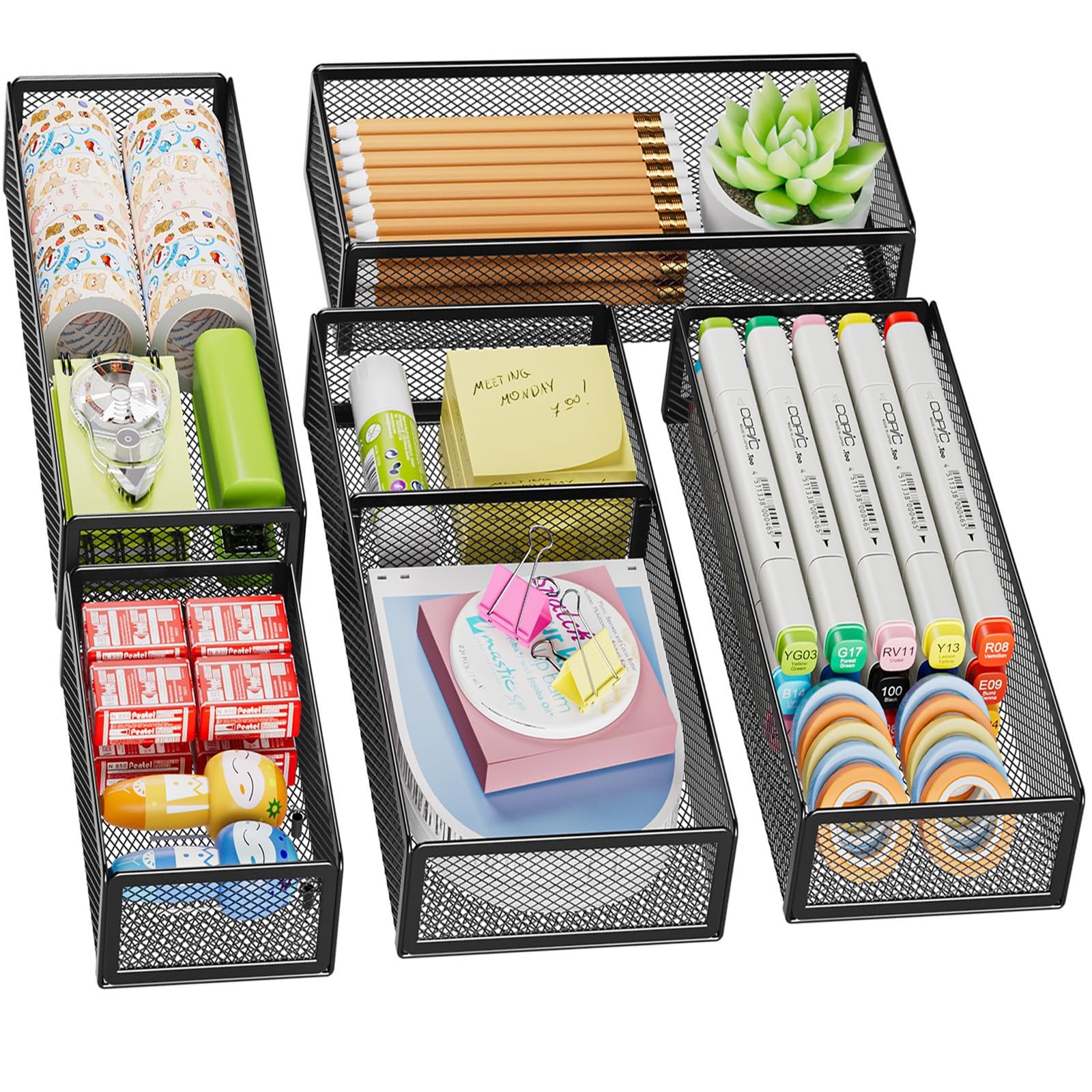 Marbrasse 5 Pack Desk Drawer Organizer Set, Mesh Drawer Storage Trays with 1 Adj