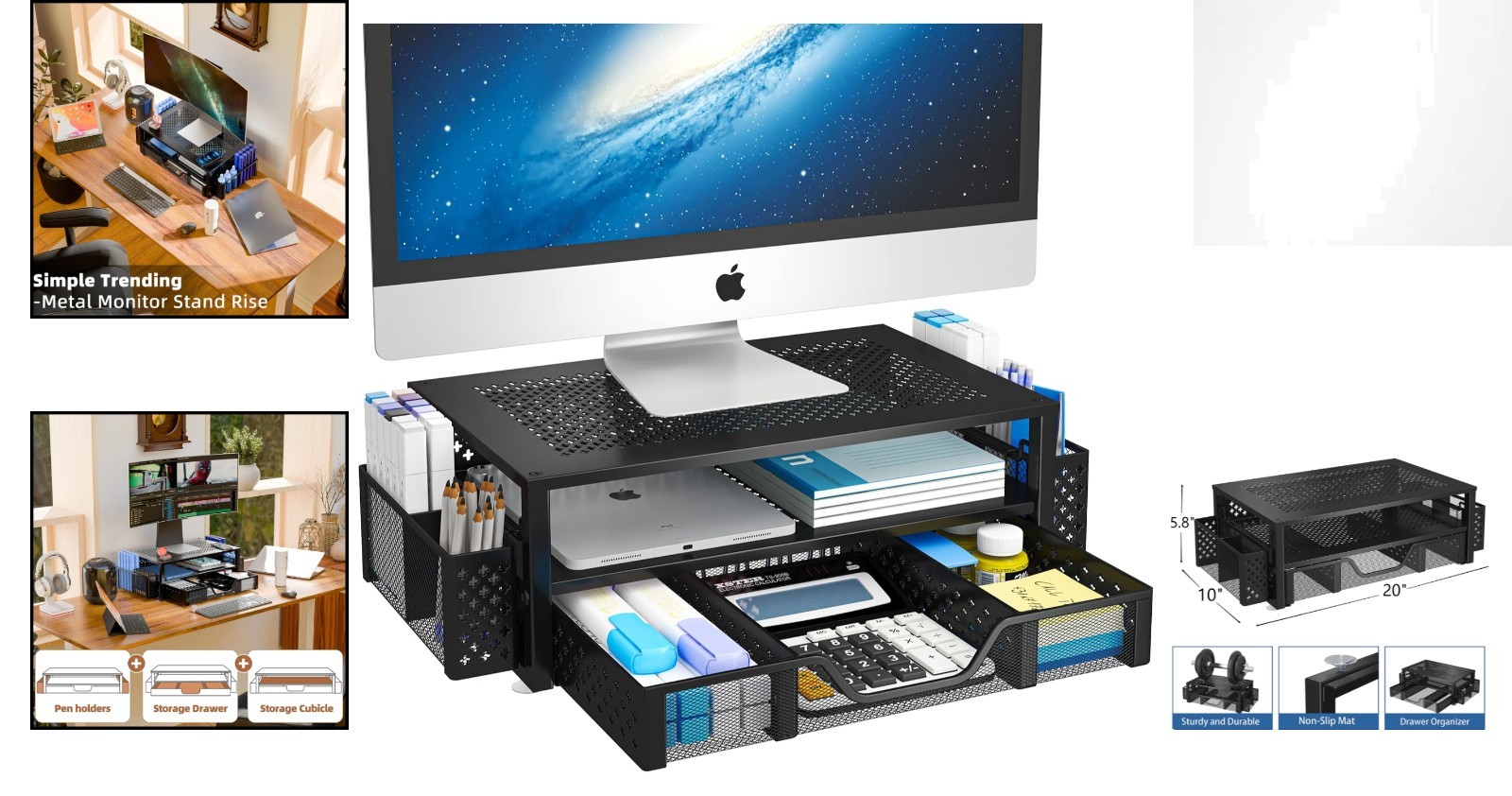 Space-Saving Black Metal Monitor Riser with Drawer & Pen Holder – 50 Kg Capacity