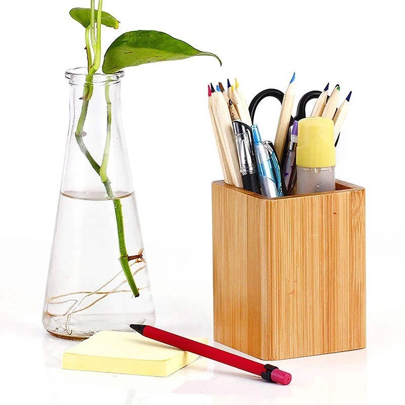 Bamboo Wood Pen Holder Desktop Stationery Storage Box Desk Organizer