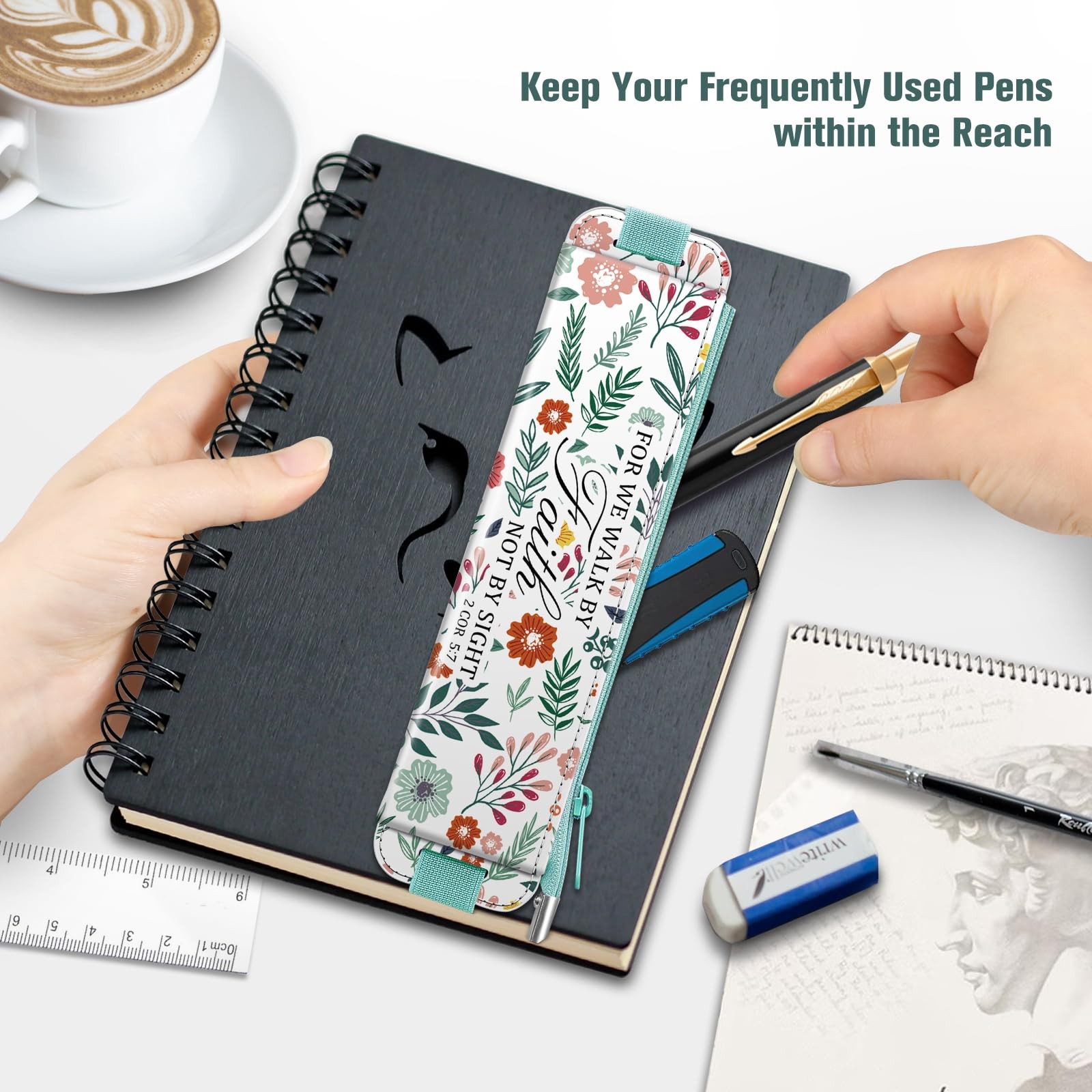 2-Pack Elastic Pen Holder for Notebook, Leather Pen Holder Stationery Zipper …