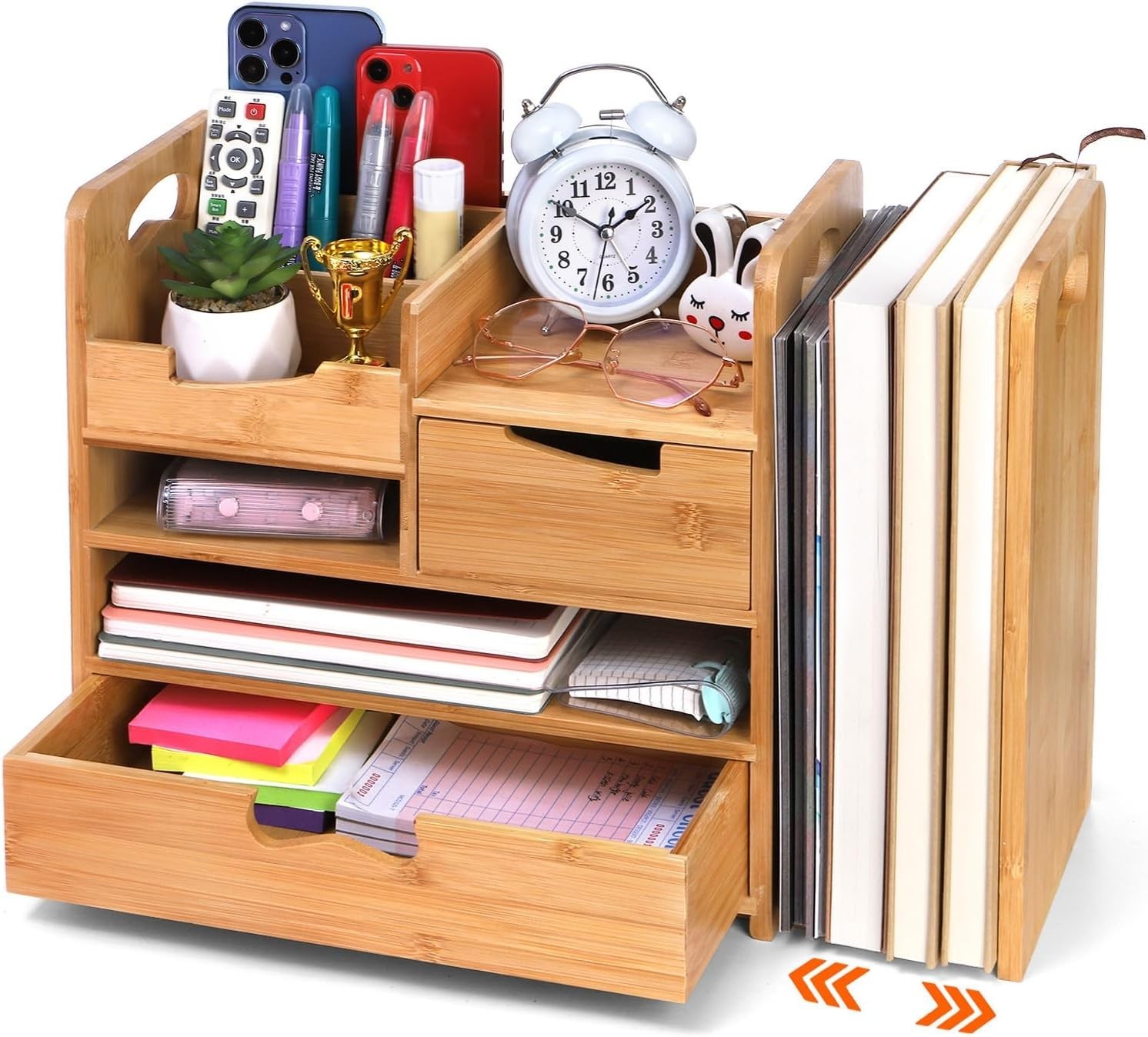 Space-Saving Bamboo Desktop Organizer with Adjustable Compartments & Drawer