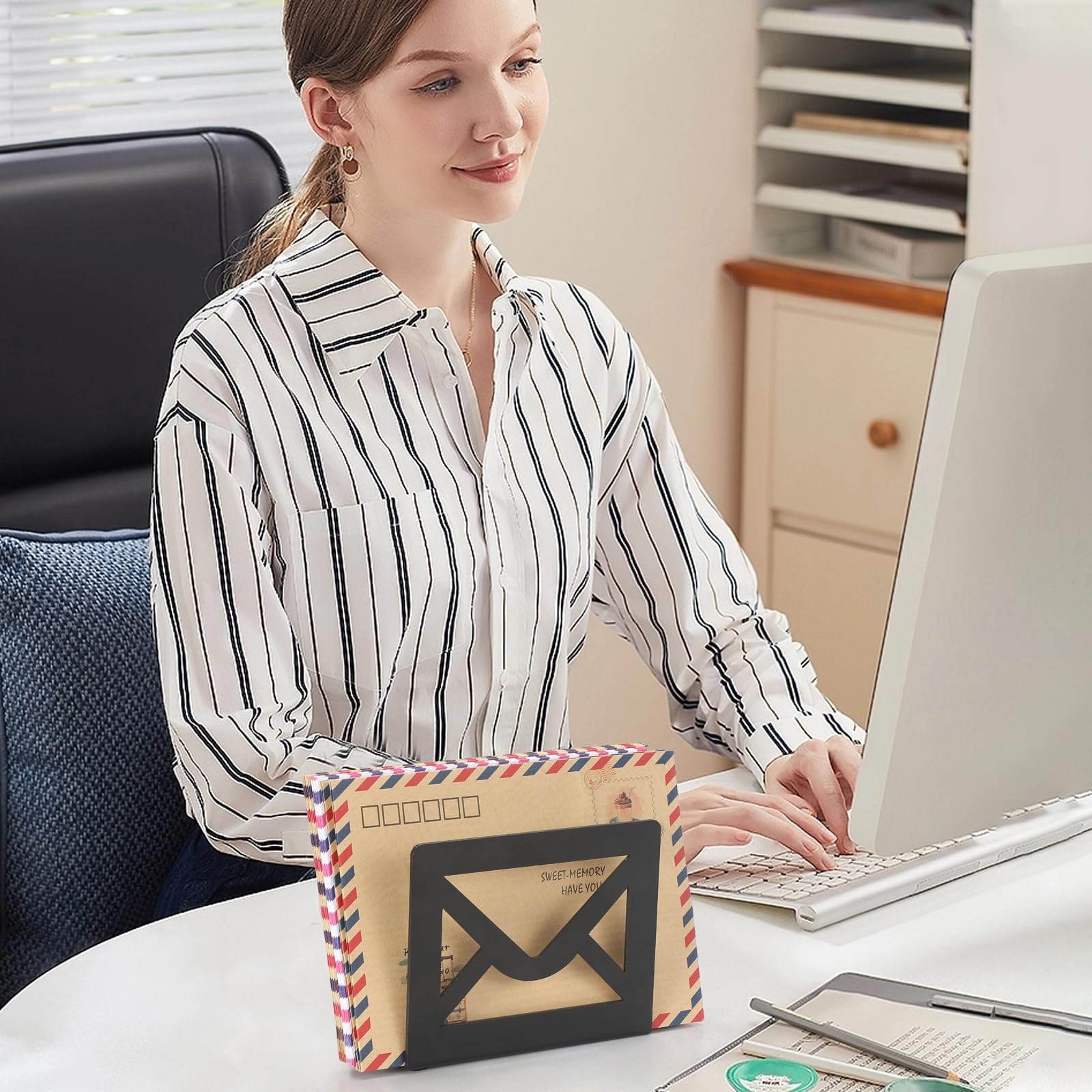 Desktop Metal Mail Holder Modern Black Letter Organizer Desk Cutout Design