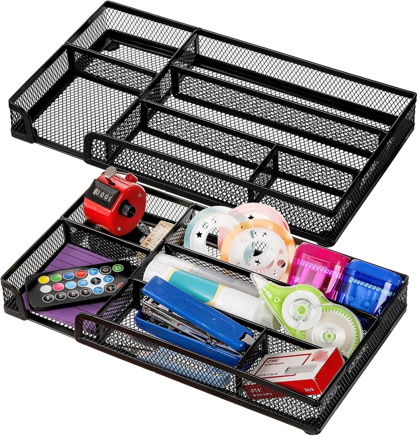 Noamus 2 Pack Desk Drawer Organizer, Metal Mesh Drawer Office Tray, 6 Compart