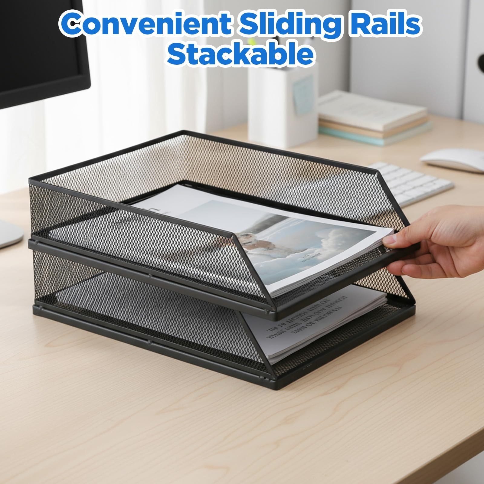 2 PCS Stackable Paper Tray Organizer Desk File Holder A4 Metal Letter Black