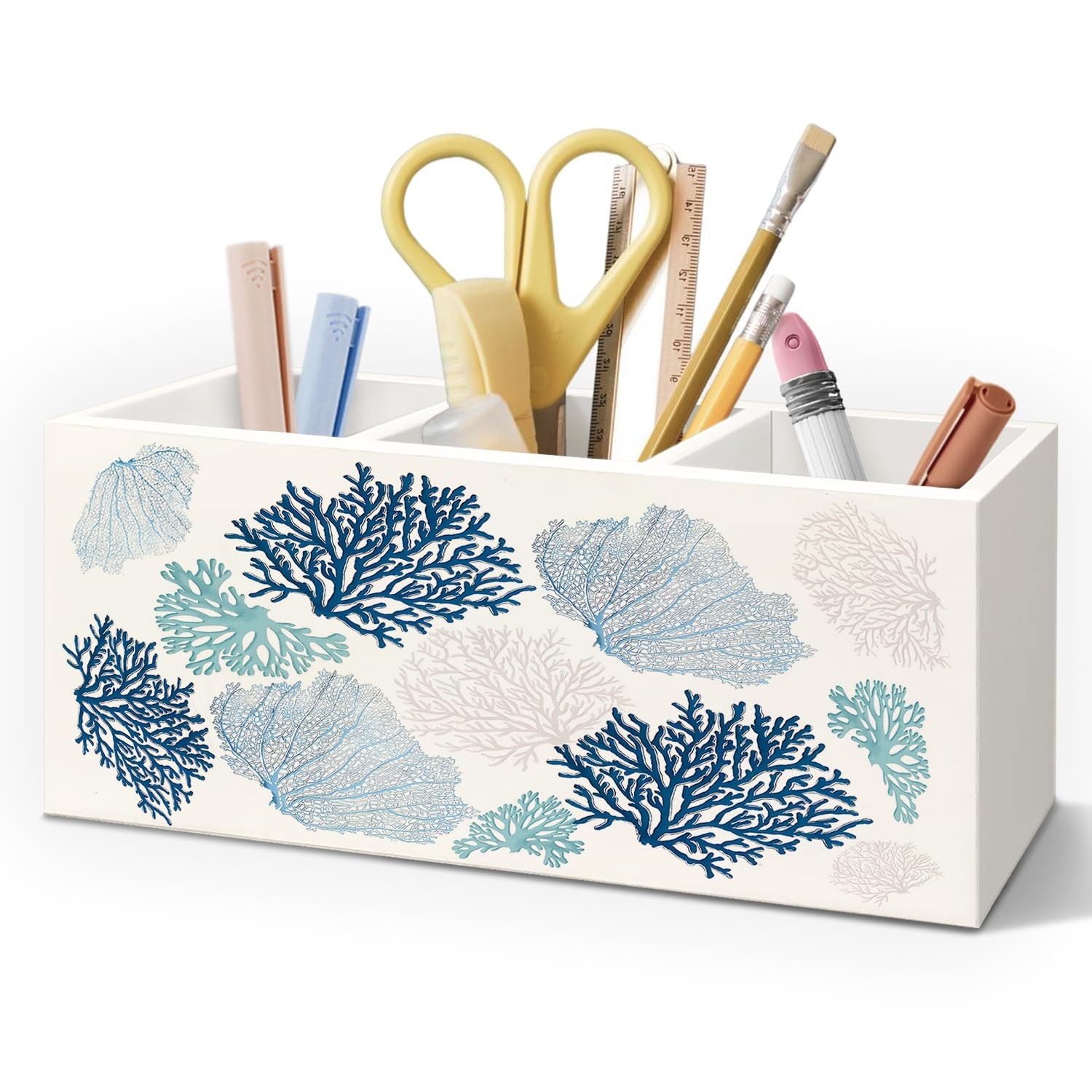 Blue Coastal Wooden Pen Pencil Holder for Desk Accessories, Beach Lover Gifts…