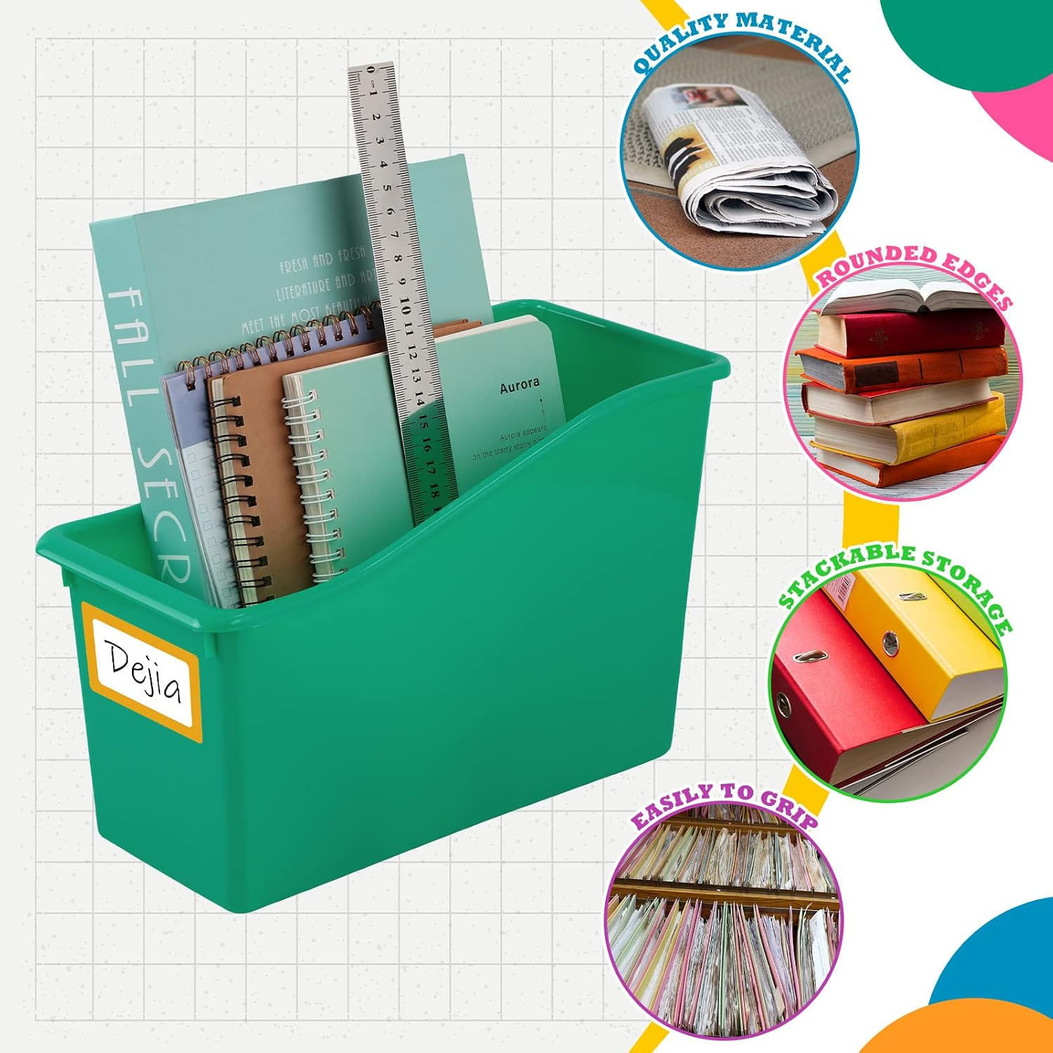 Jinei 24 Pack Multicolor Book Bins for Classroom Decor Bulk Plastic Bins with Na