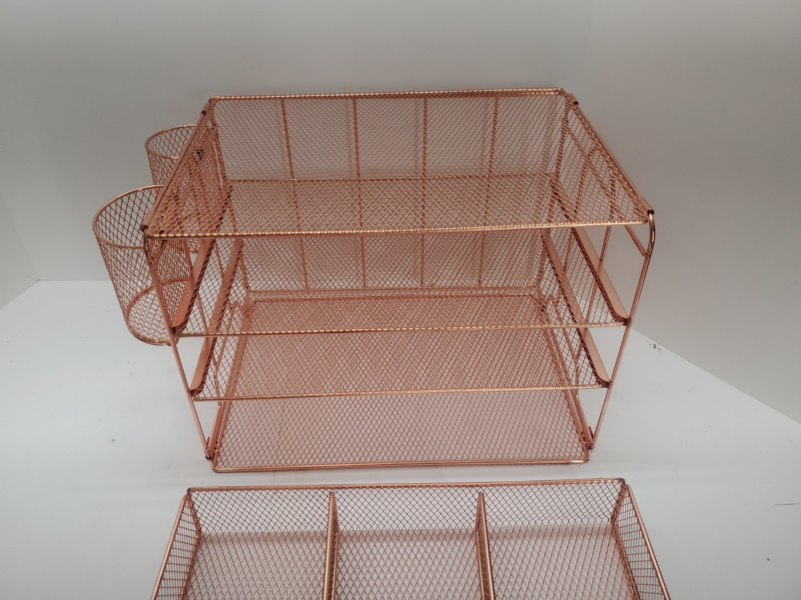 Desk Organizer with File Holder 4 Tier Trays Drawer Pen Holders Rose Gold