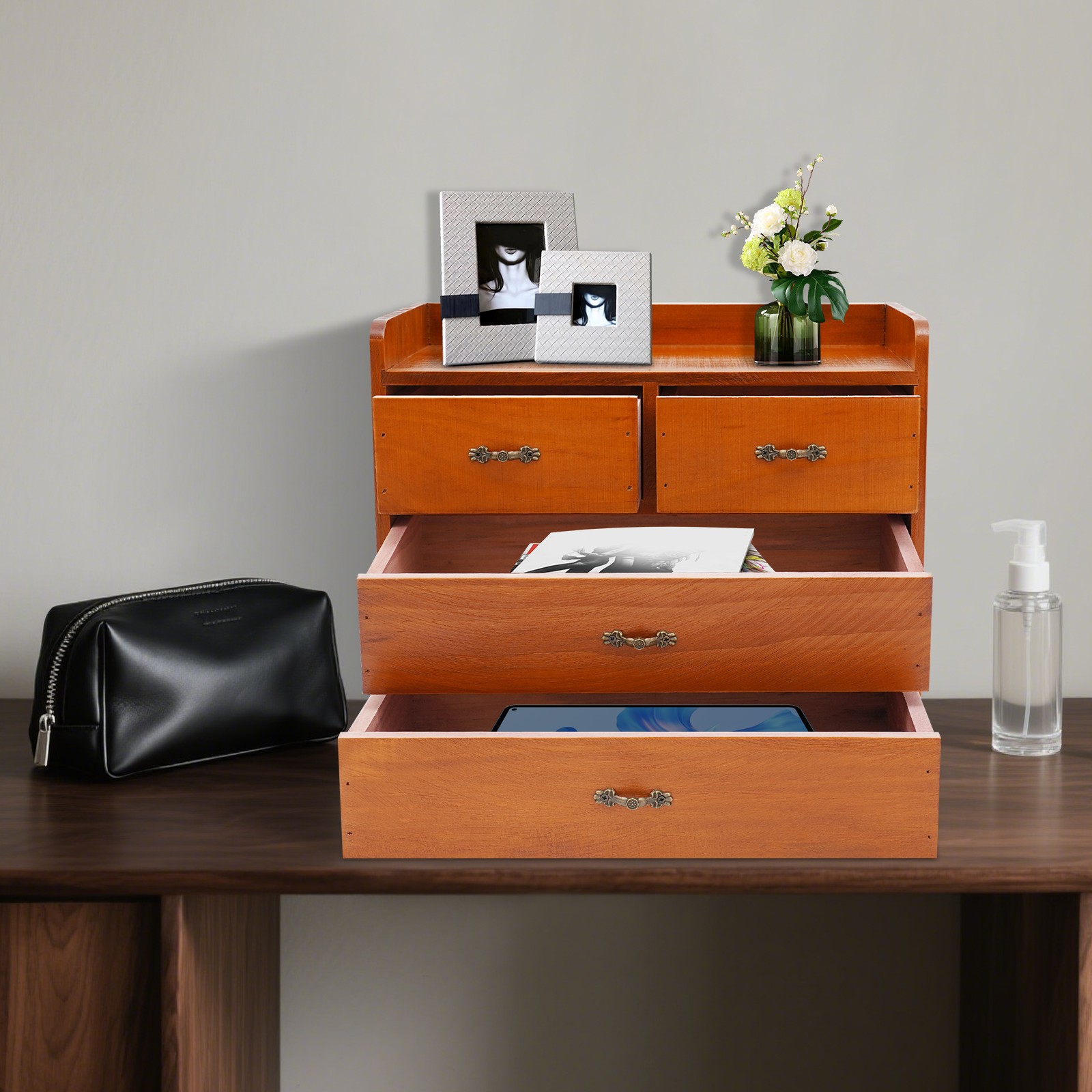 Retro Desk Drawer Organizer, Brown Desktop Organizer with Drawers, Storage Box