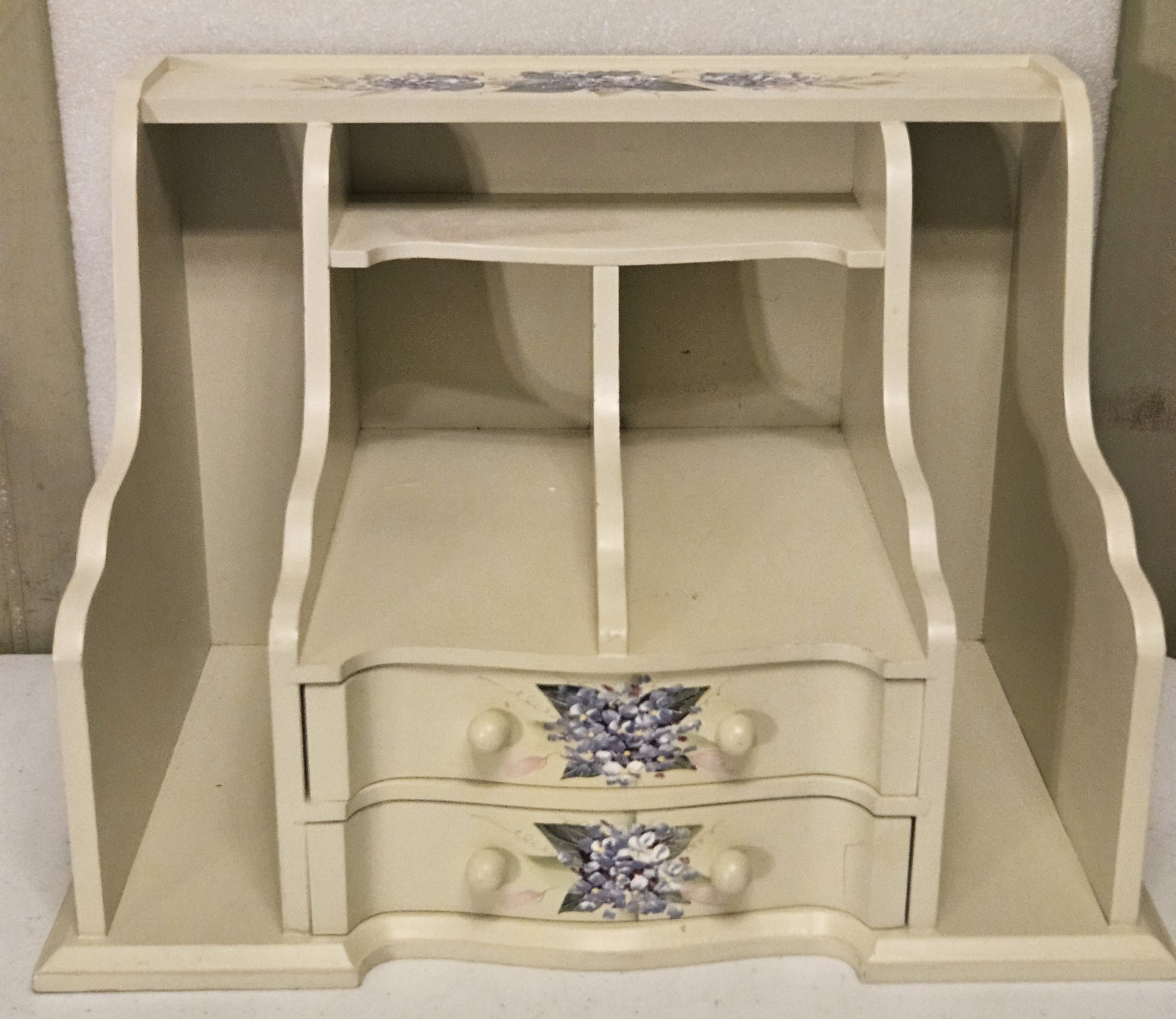 WOODEN TABLE DESKTOP ORGANIZER 2 DRAWER HAND PAINTED FLORAL ACCENTS 14X11X9.5