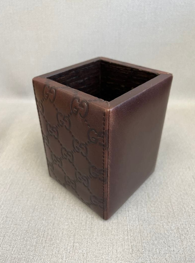 Gucci Pen Pencil Holder For Desk Brown GG Pattern Rare Item From JAPAN
