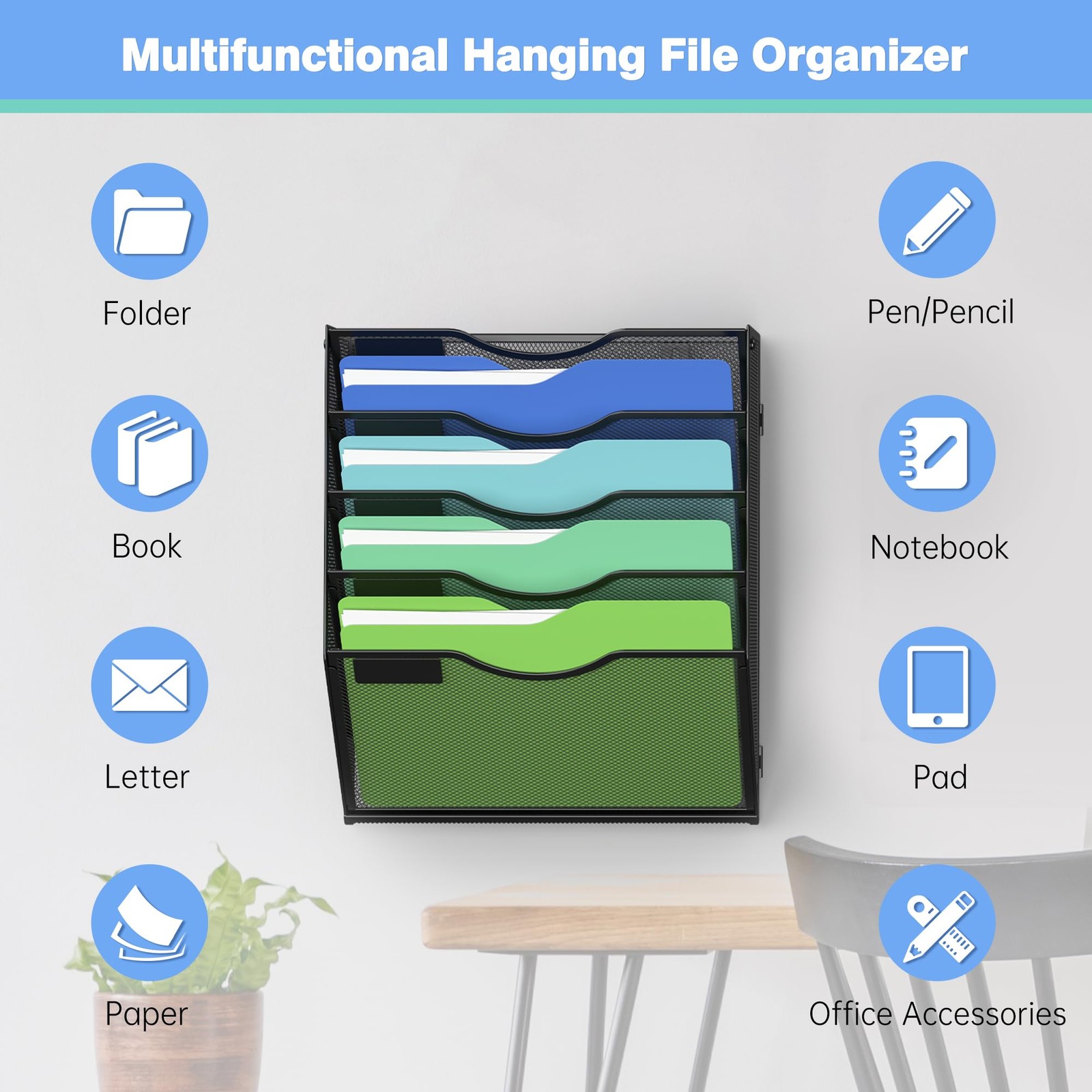Kuntine.B Wall File Organizer Office Hanging Magazine 5 Tier & Hangers, Black