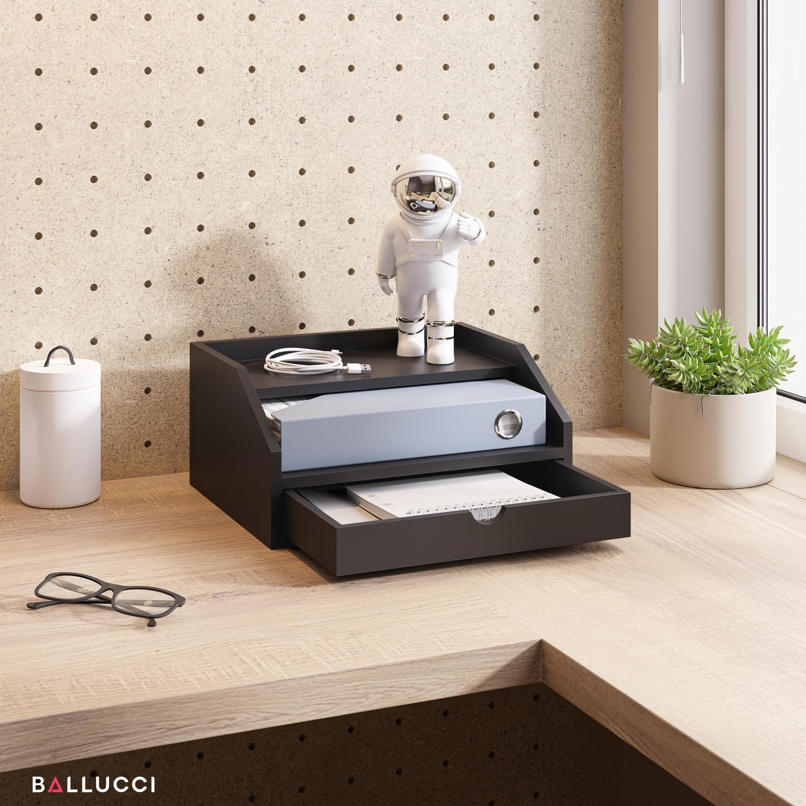 Ballucci Desk Organizer with Drawer, 3 Tier Paper, Office Supplies and File Orga
