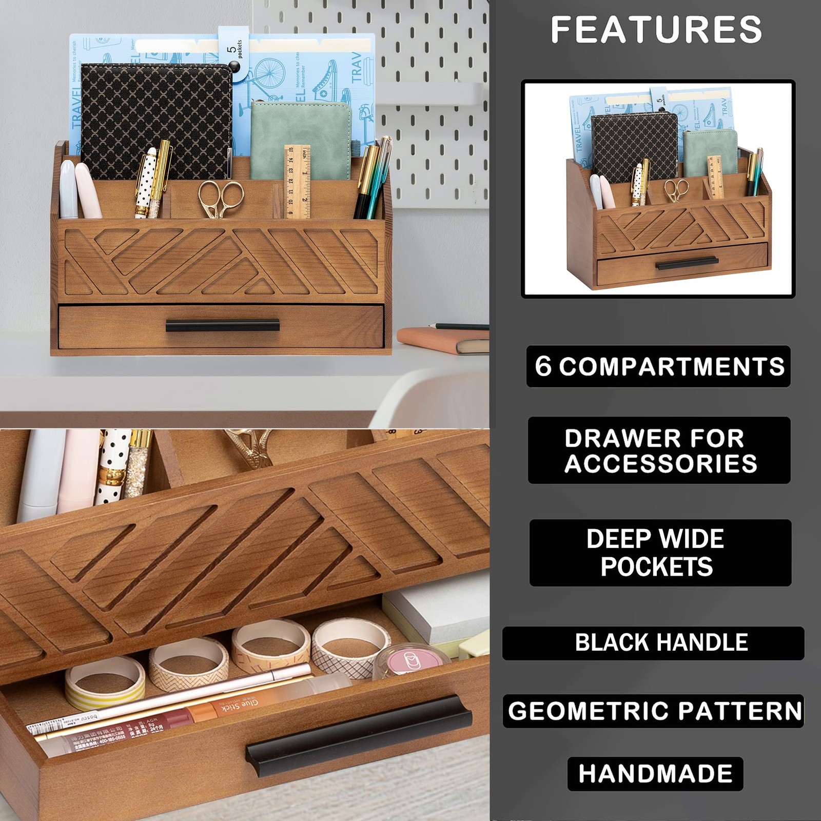 dreampossible Brown Wood Desk Organizer and Accessories with Drawer, A
