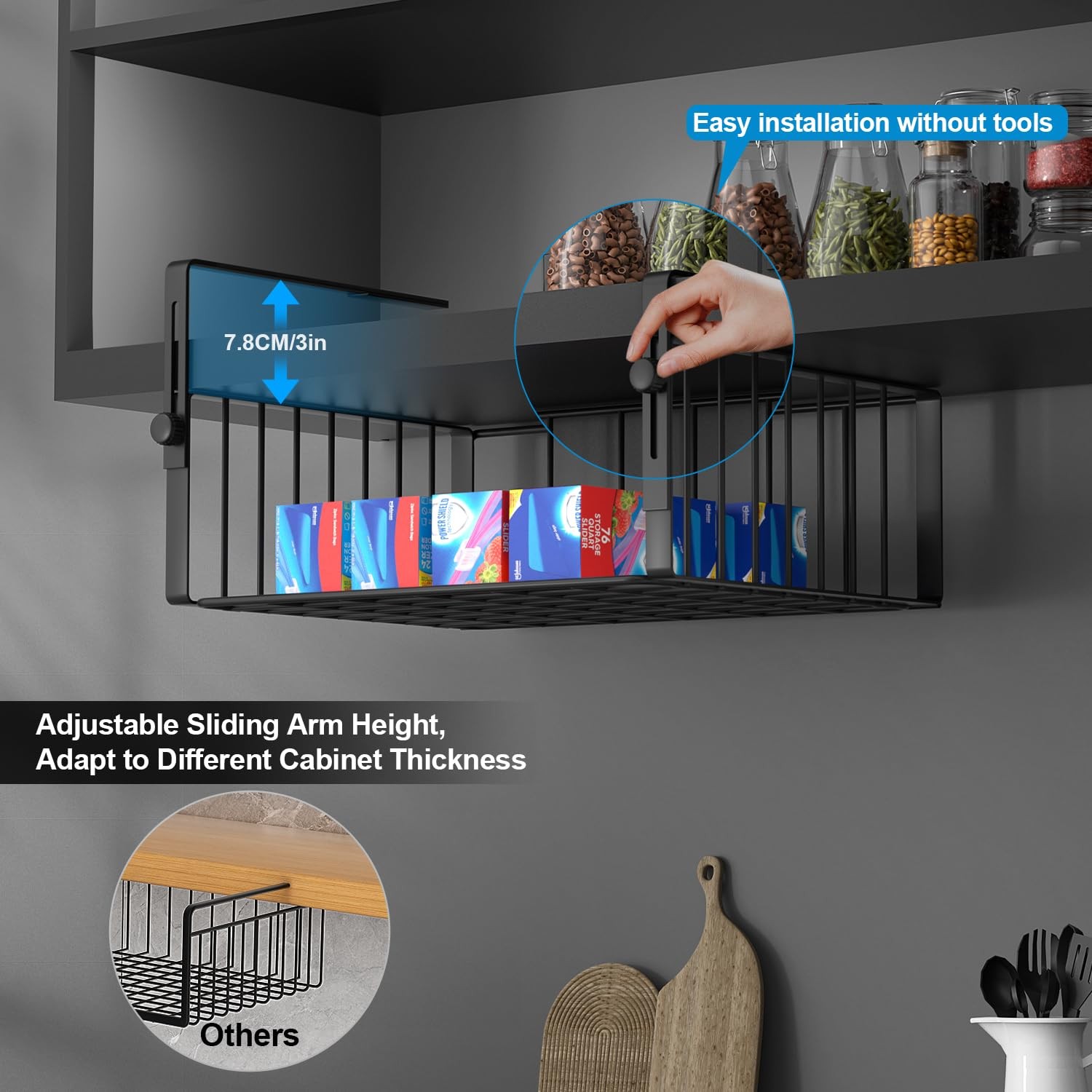 AmonHouseware 2Pack Under Shelf Basket Organizer,Adjustable Large, Black