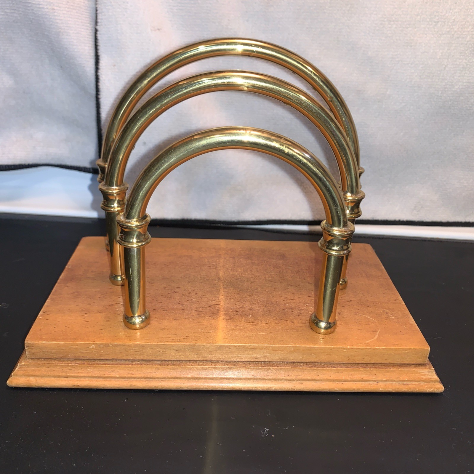 Vintage Wood & Brass Gold Arched Desk Organizer Ethan Allen MCM