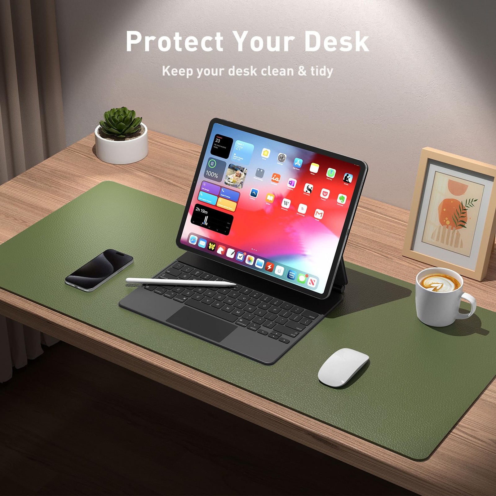Aothia Desk Protector Mat, Mouse Pad, Non-Slip 23.6″ x 13.7″, Olive Green