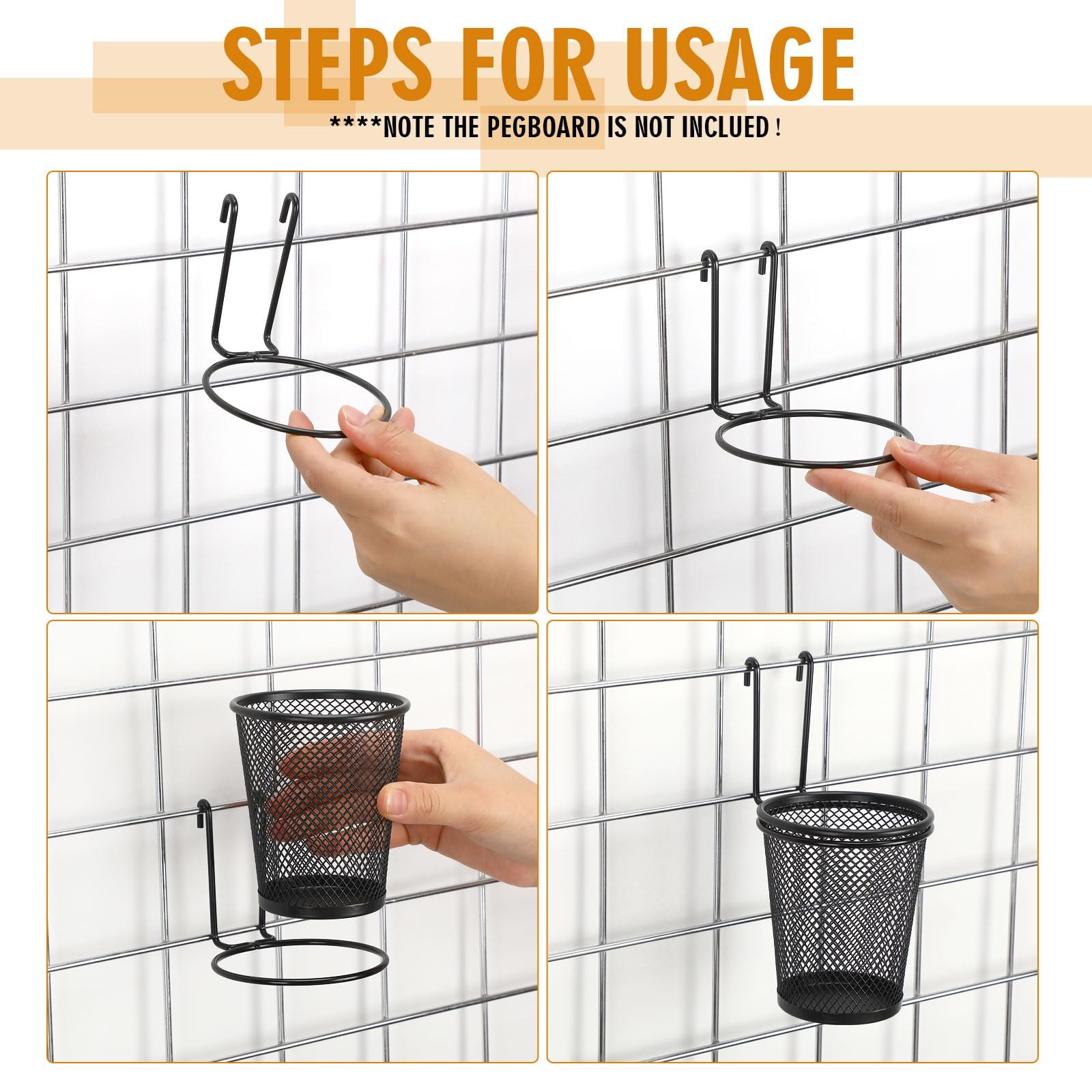 6 Sets Grid Wall Cups with Ring Hooks, hanging pencil holder Wall Mount Wire …