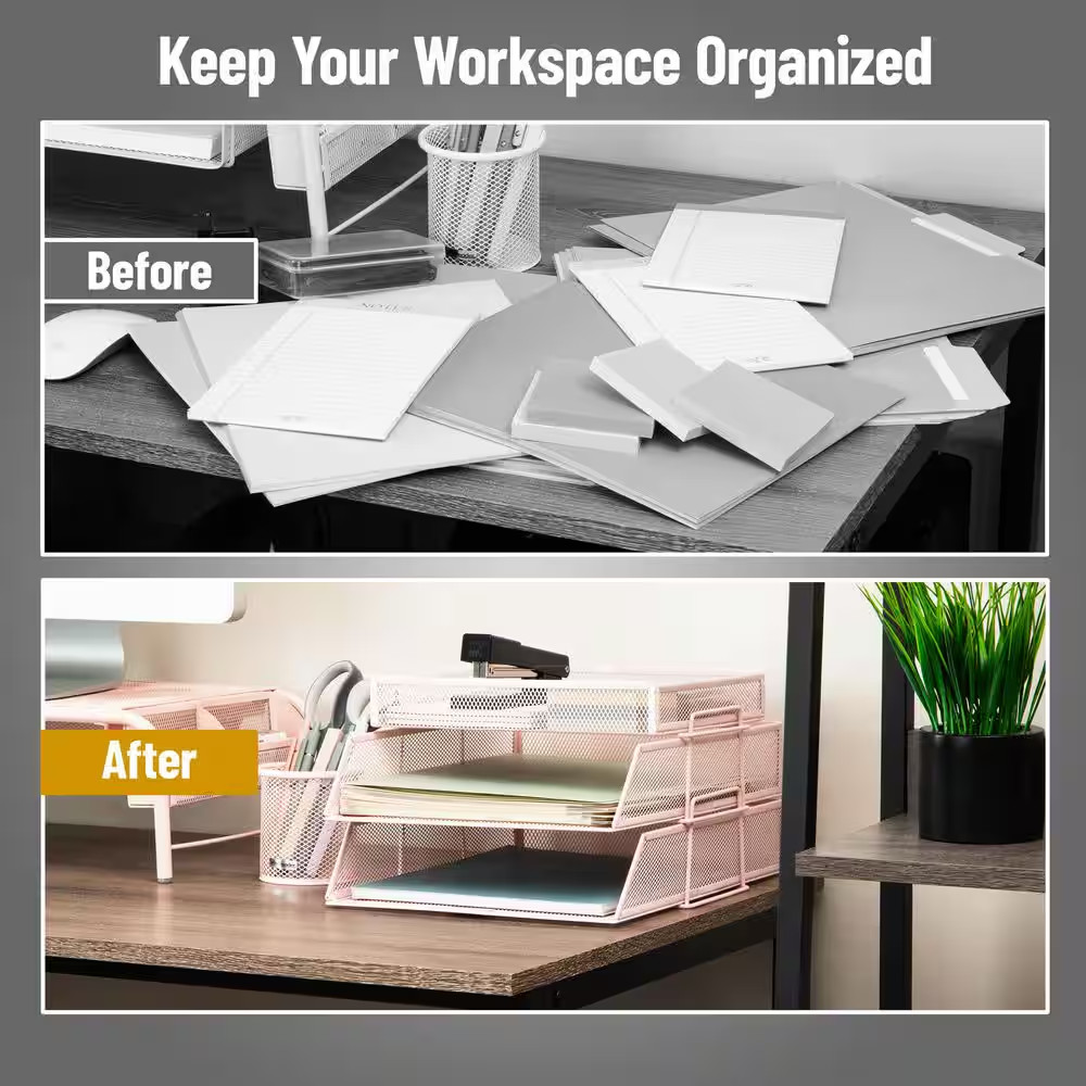 2 Tier Paper Tray with Top Supply Compartment, Desktop File Organizer, Metal Mes