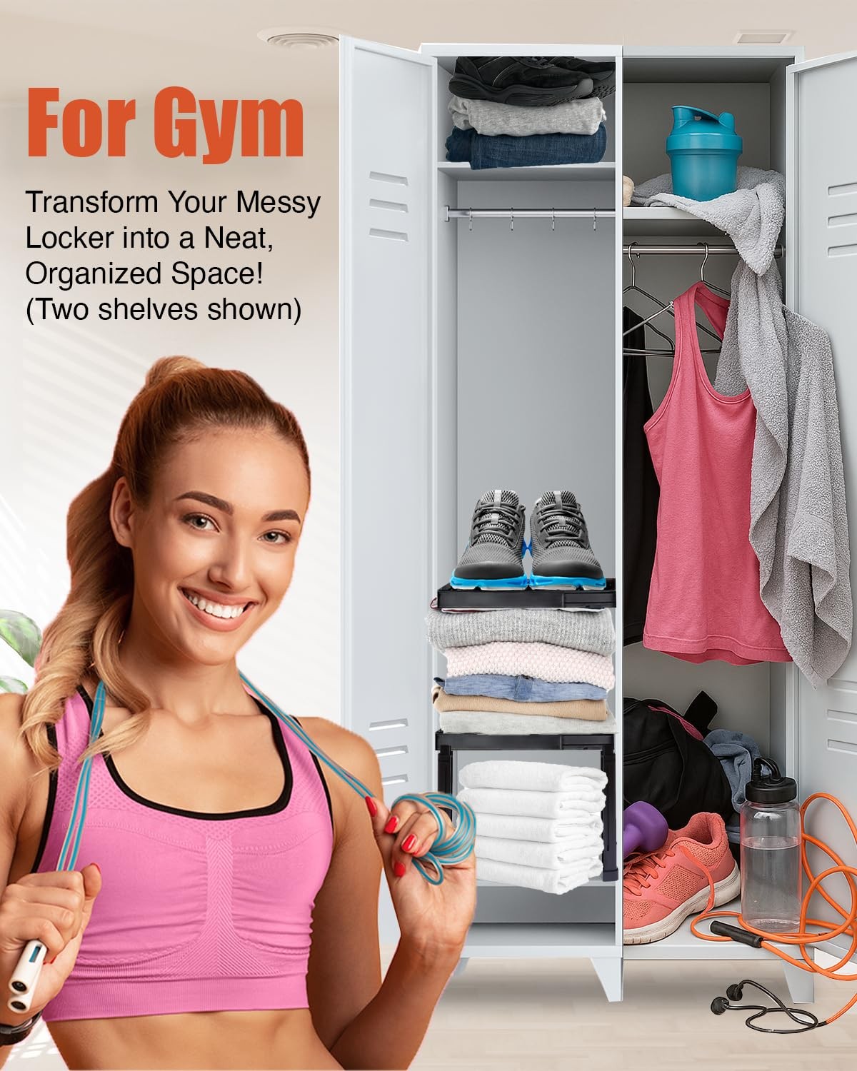 2 Pack White Locker Organizer Shelf Adjustable Width Height Stackable Office