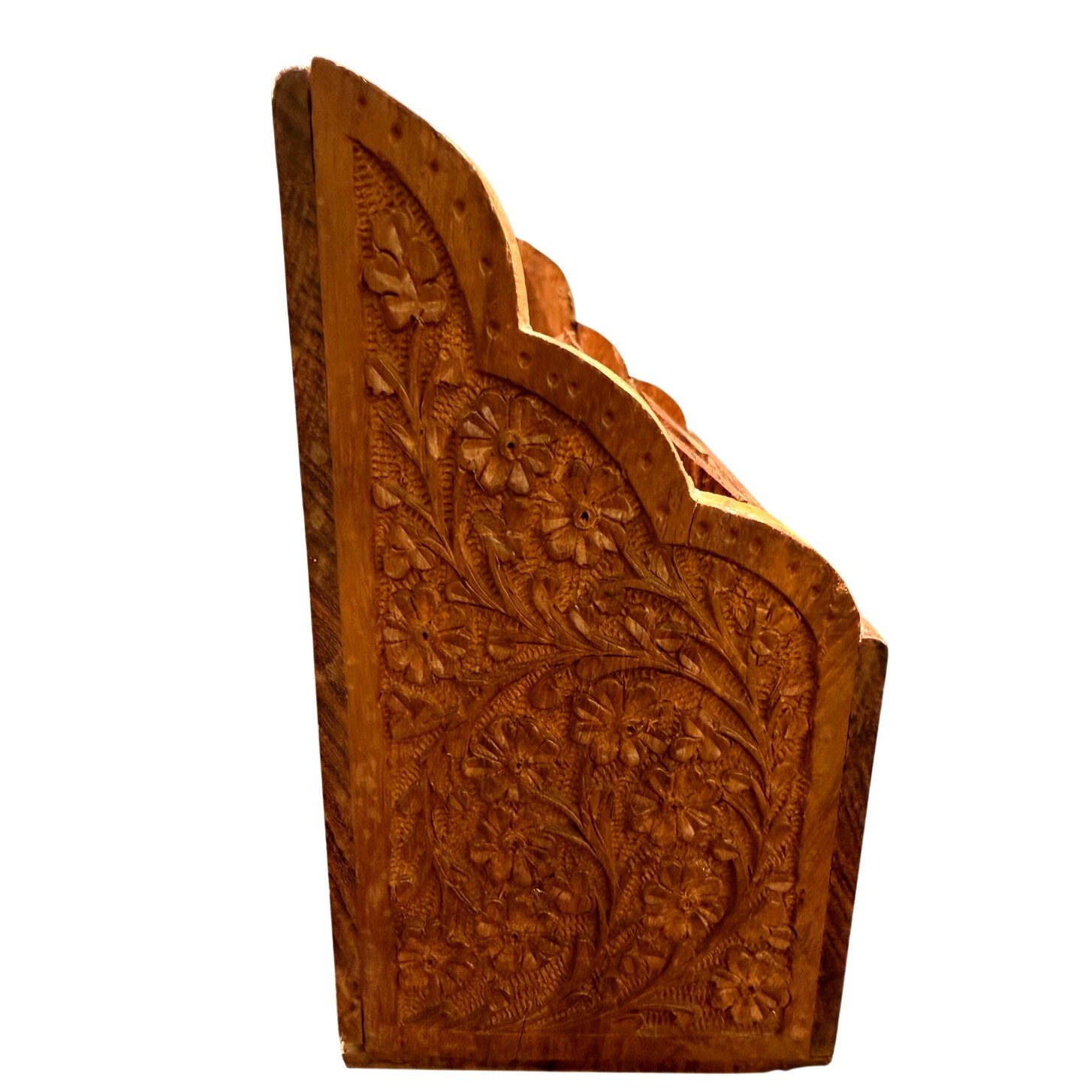 Vintage India Hand Carved Floral Wooden Mail Brass Inlay Organizer Letter Holder